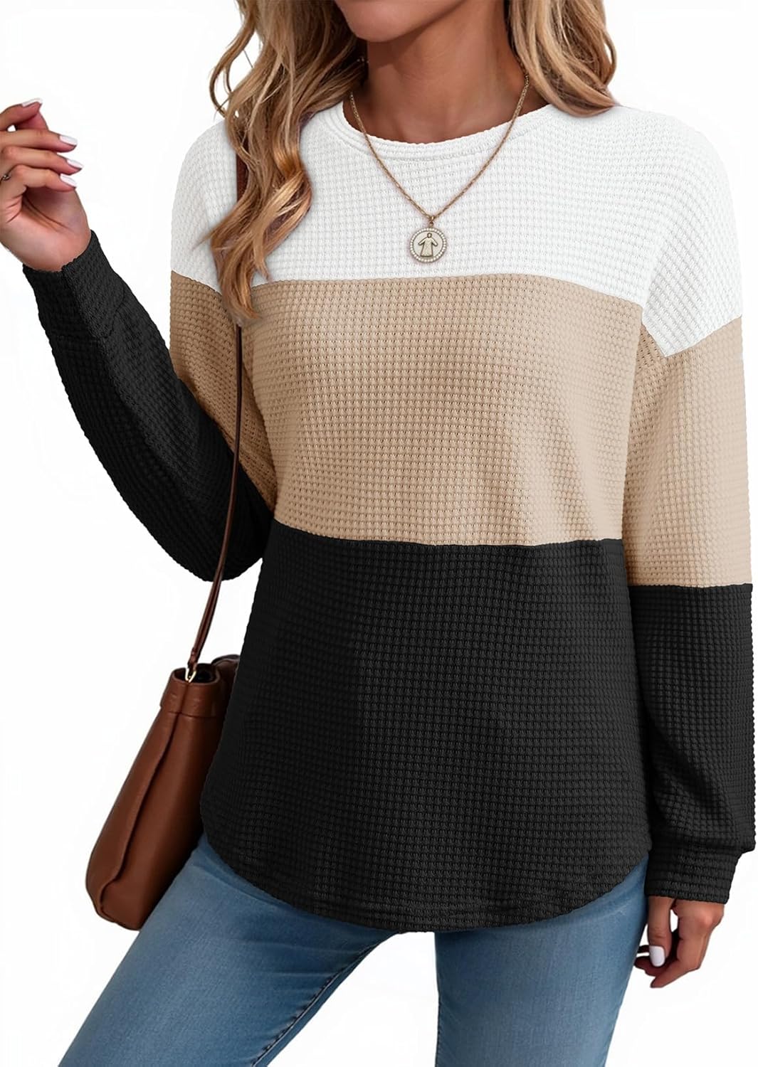 Womens Tops Casual Long Sleeve Waffle Knit Oversized Shirts Crewneck Color Block Pullover Sweatshirts