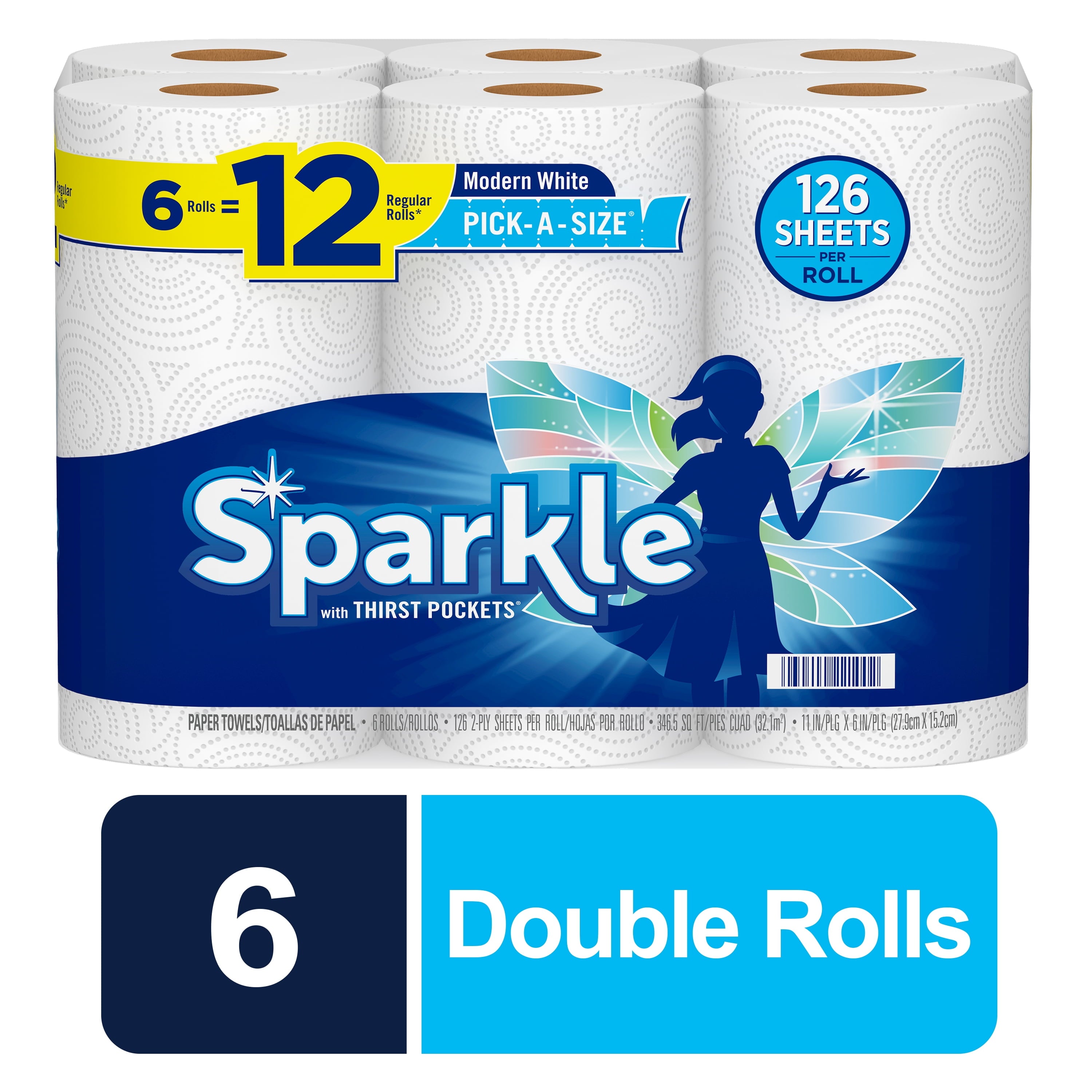Sparkle Pick-A-Size Paper Towels, White, 6 Double Rolls = 12 Regular Rolls, 126 2-Ply Sheets per Roll