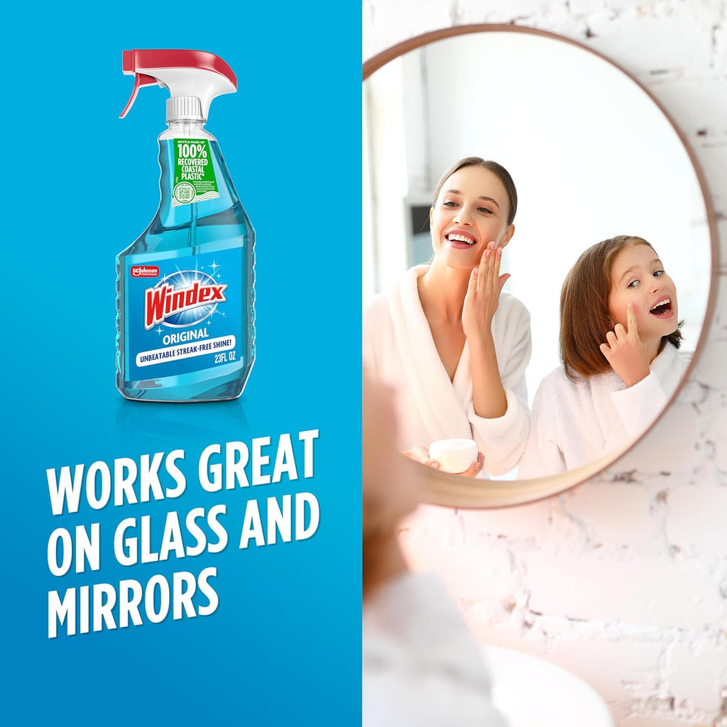 Glass and Window Cleaner Spray Bottle, Packaging Designed to Prevent Leakage and Breaking, Surface Cleaning Spray, Original Blue Scent, 23 Fl Oz