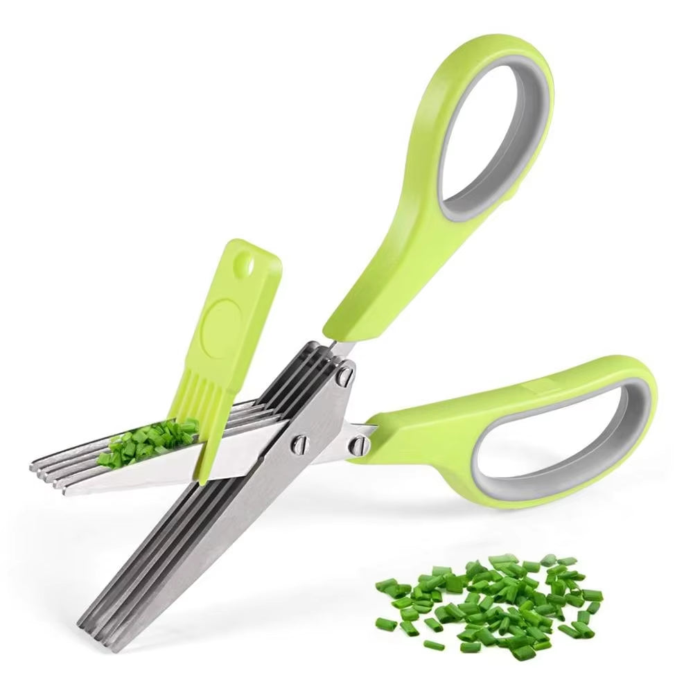 5 Blade Herb Scissors Stainless Steel Onion Herb Scissors with Cleaning Brush Kitchen Scallion Chopper Cutter YY026