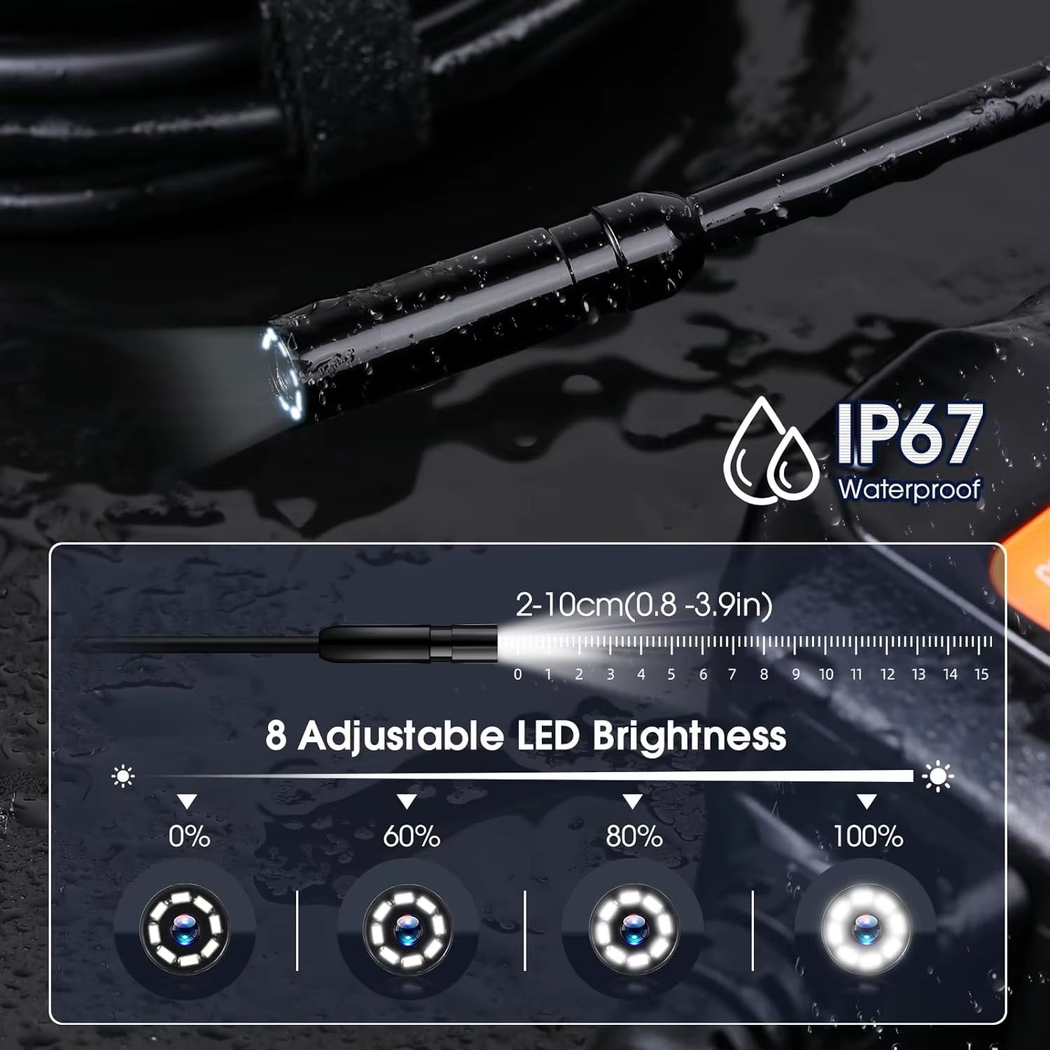 Industrial Endoscope Camera 4.3Inch IPS Screen 8Mm HD1080P IP67 Waterproof 8 LED Light Inspection Borescope for Pipe Car Repair