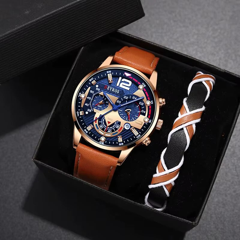 2PCS Set Fashion Mens Calendar Watches Luxury Male Business Casual Brown Leather Quartz Watch Men Bracelet Wrist Watch