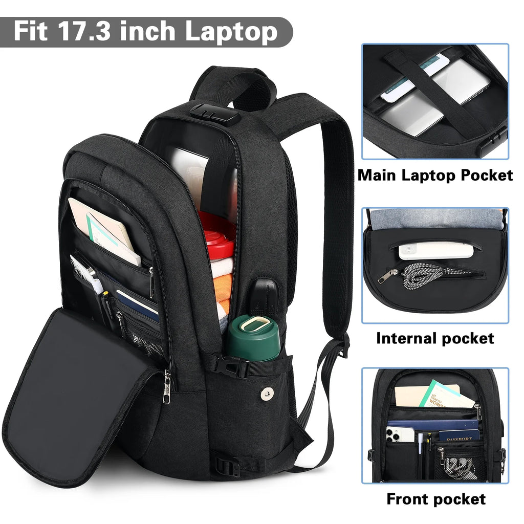 17.3 Inch anti Theft Business Laptop Backpack for Men & Womenwith, Travel Bag，With USB Charging Port and Headphone Interface, Black