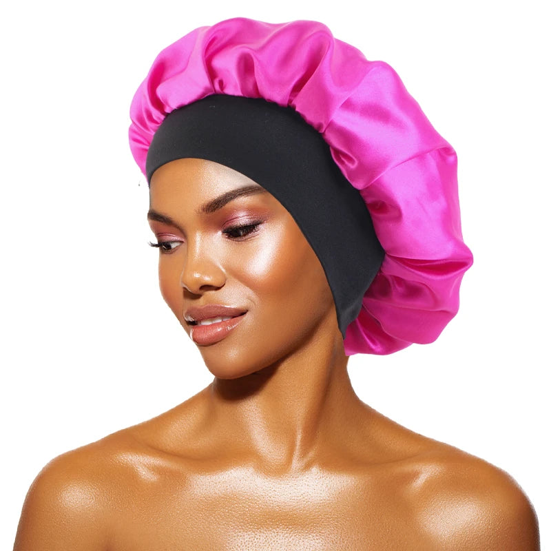 Women'S Satin Solid Bonnets Wide-Brimmed Night Sleeping Bathing Hat Unisex Head Wrap Elastic Band Cap Hair Care Bonnet