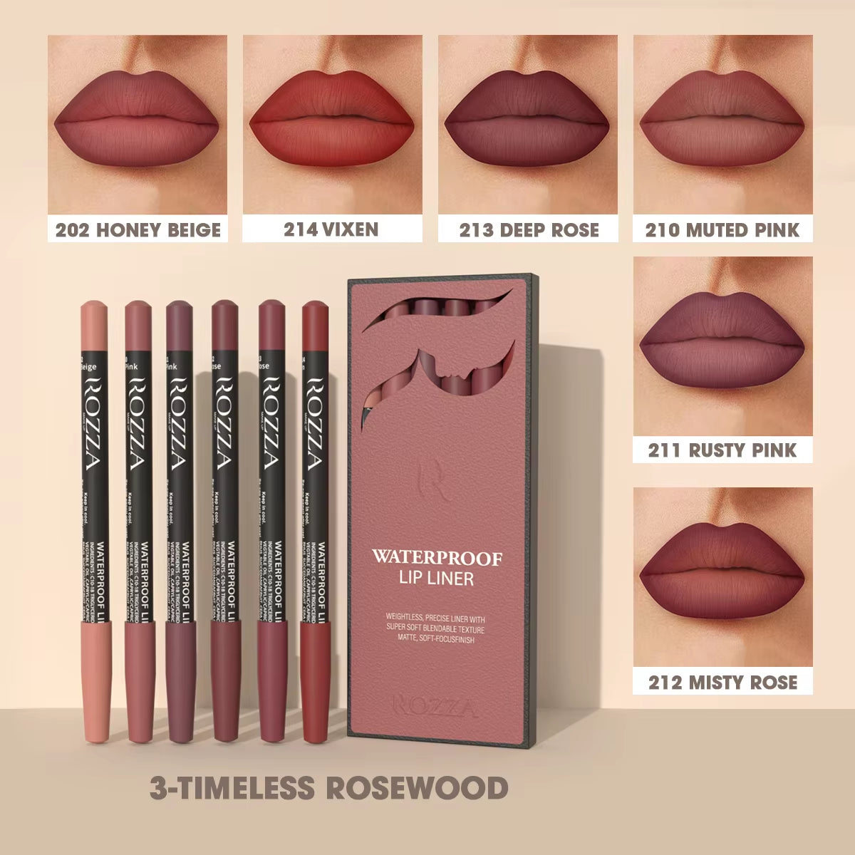 Rozza Waterproof Lip Liner Pencil Set, Weightless Precise Liner with Super Soft Blendable Texture Matte Soft
