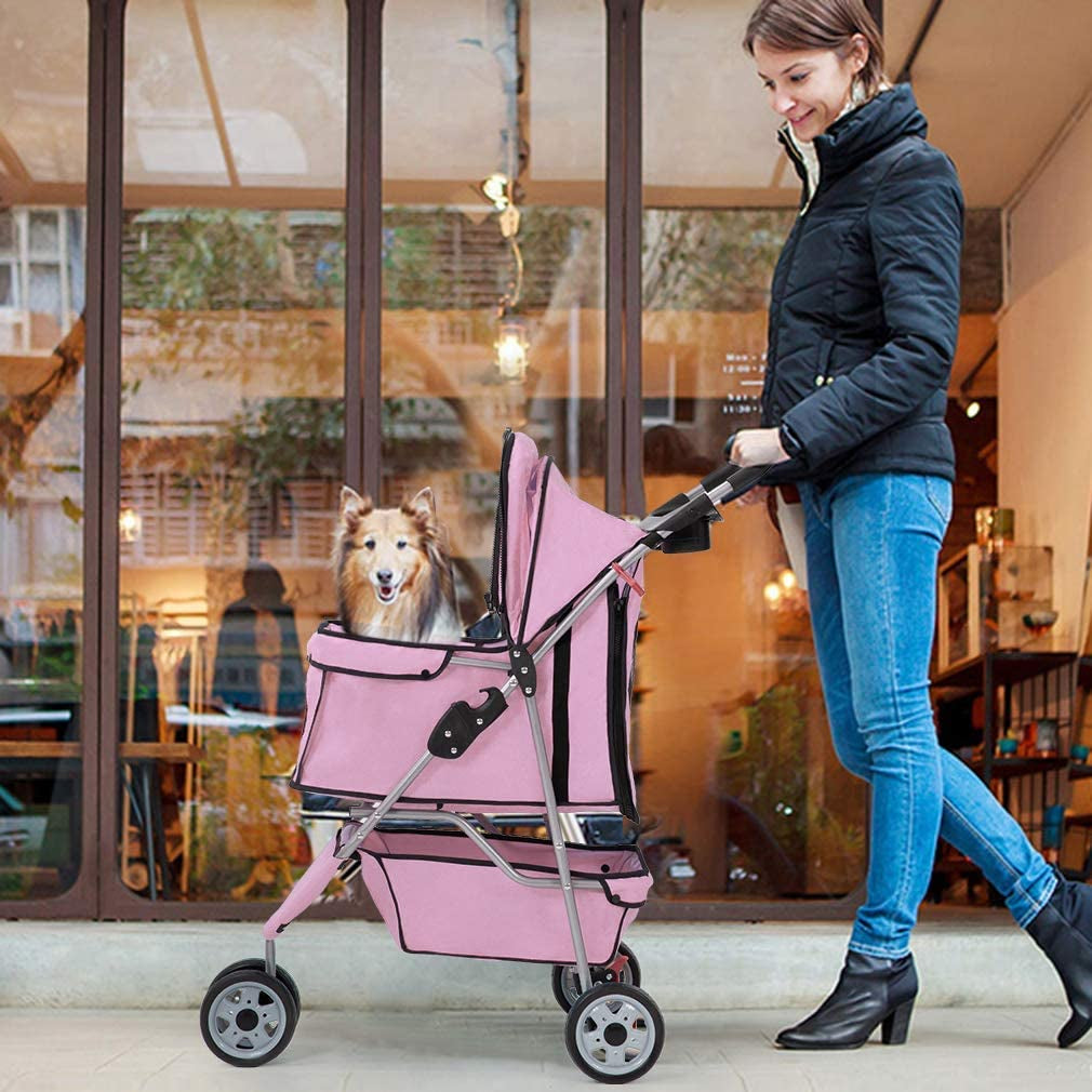 3 Wheels Pet Dog Stroller Cat Cage for Medium Small Dogs Cats Travel Folding Carrier Waterproof Puppy Stroller with Cup Holder & Removable Liner,Pink