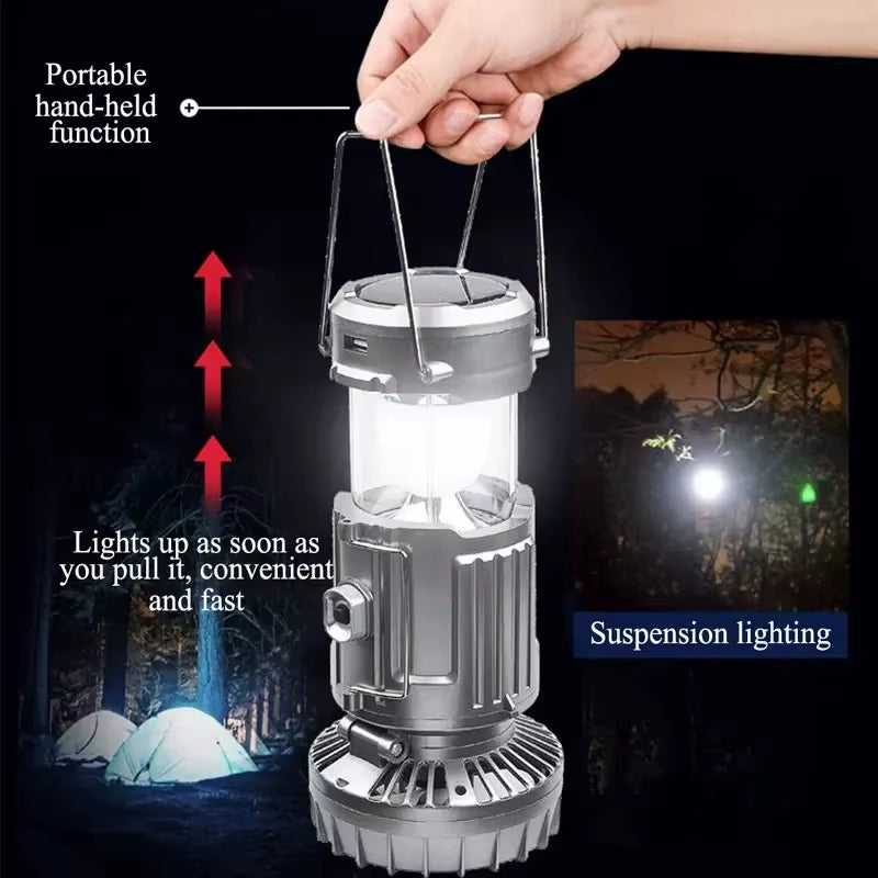 Camping Fan Portable Rechargeable Foldable Hangable Power Bank Lamp Handheld Lantern with Solar Charging