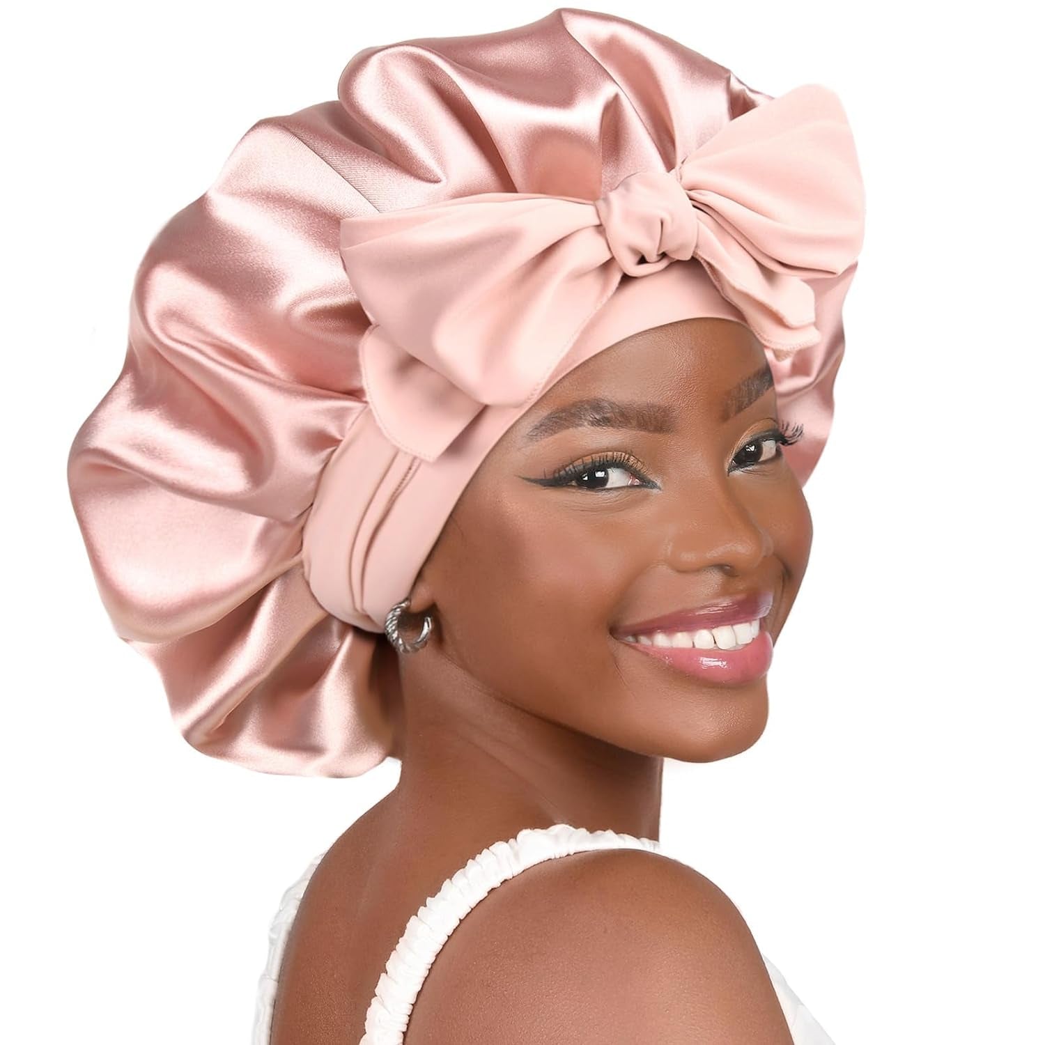 Silk Bonnet for Sleeping Women Satin Bonnet Double Layer Satin Lined Hair Bonnet with Tie Band Curly Hair Blush Pink