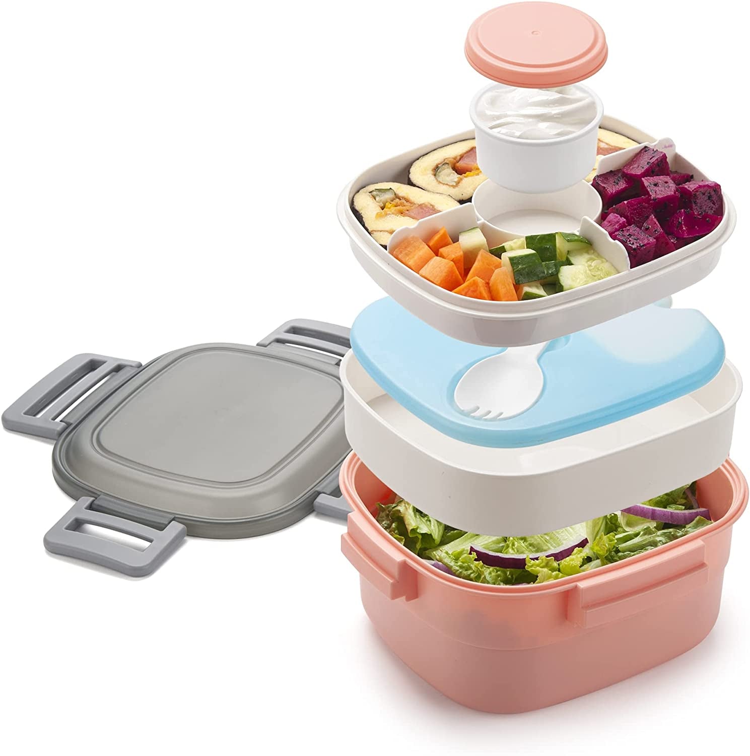Salad Lunch Container to Go, 52-Oz Salad Bowls with 3 Compartments, Salad Dressings Container for Salad Toppings, Snacks, Men, Women (Blue)