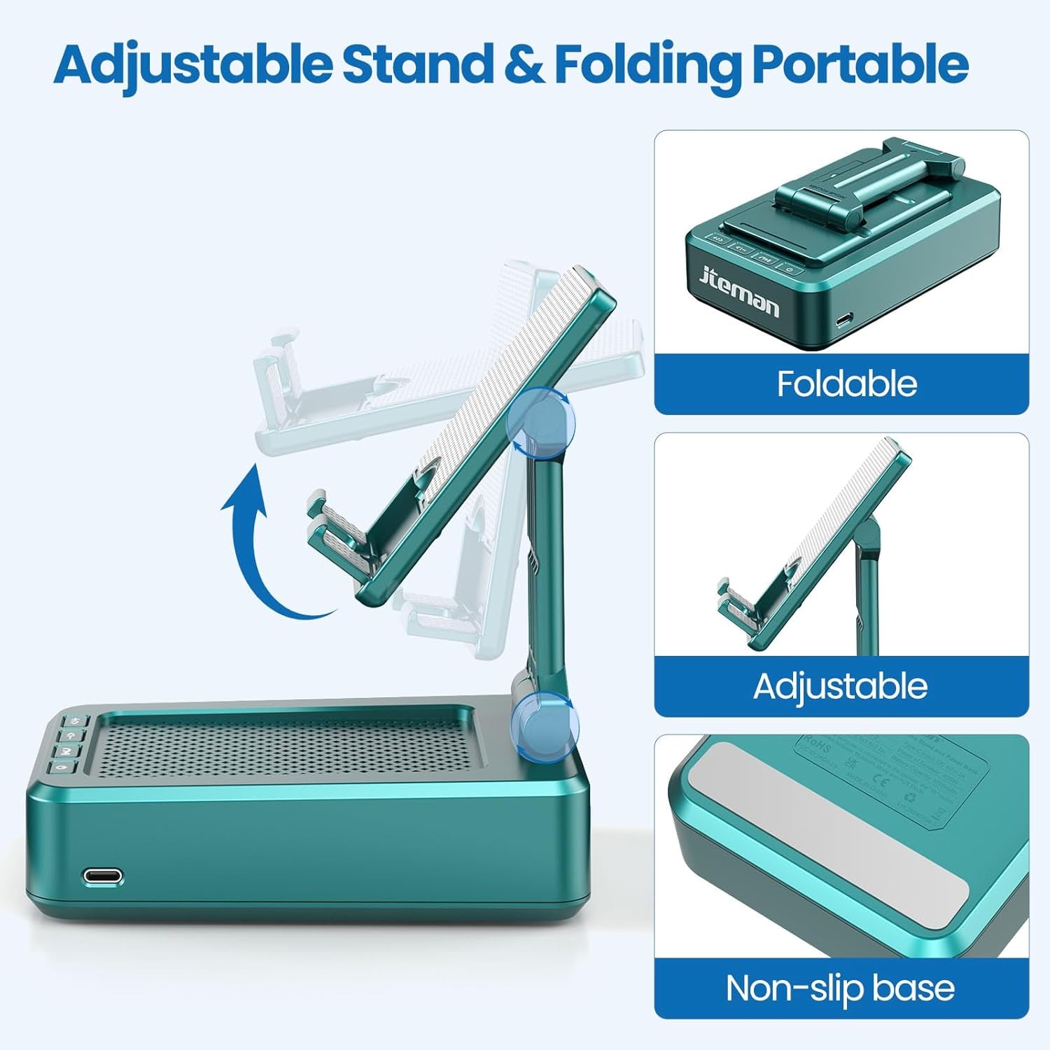 Cell Phone Stand with Wireless Bluetooth Speakers,Angle Adjustable Strong Pedestal Phone Stand for Desk,Hd Sound and Bass Bluetooth Speaker Compatible with All Mobile Phones(Green)