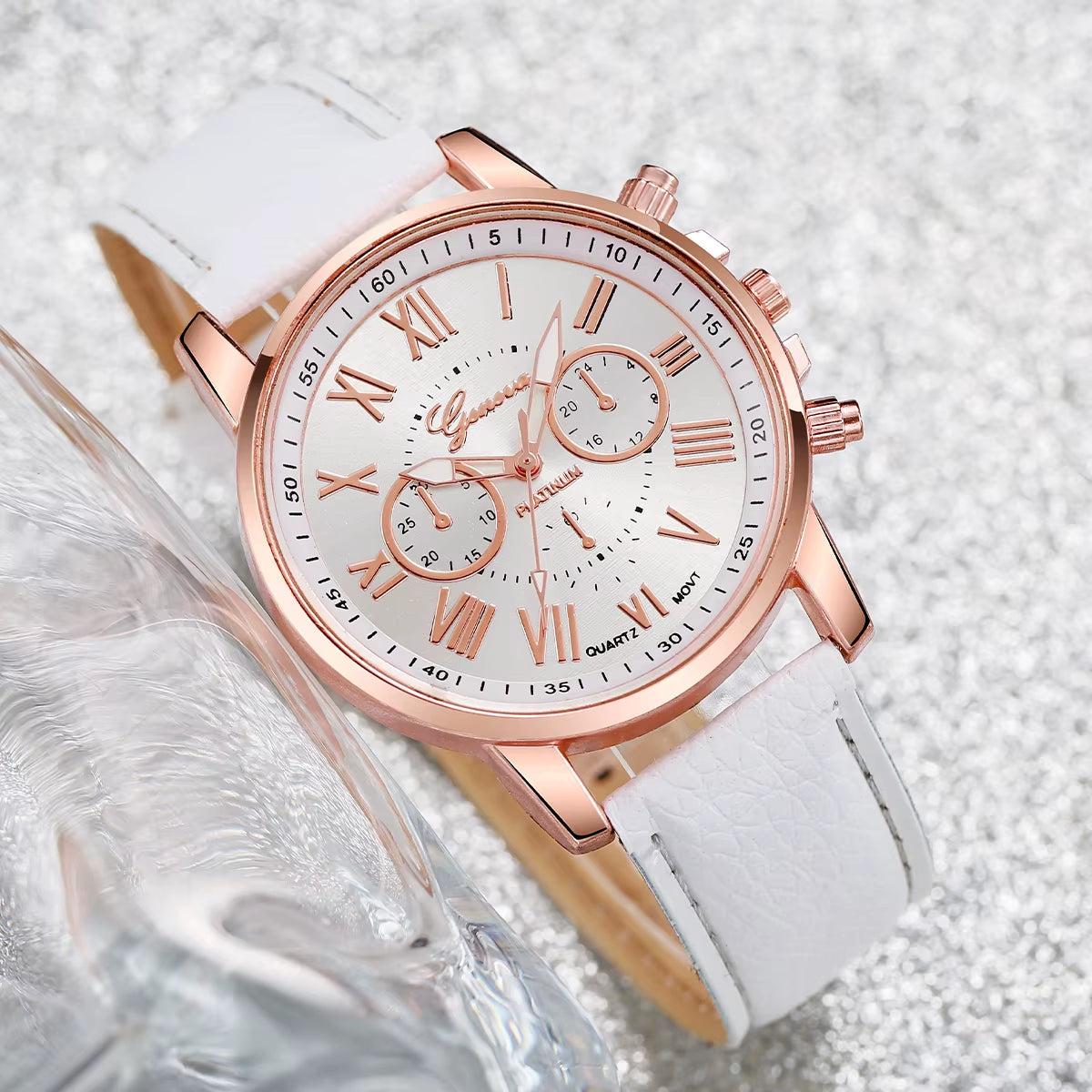 6Pcs/Set Geneva Women Watches Casual Leather Band Quartz Wrist Watch Diamond Jewelry Set(Without Box)