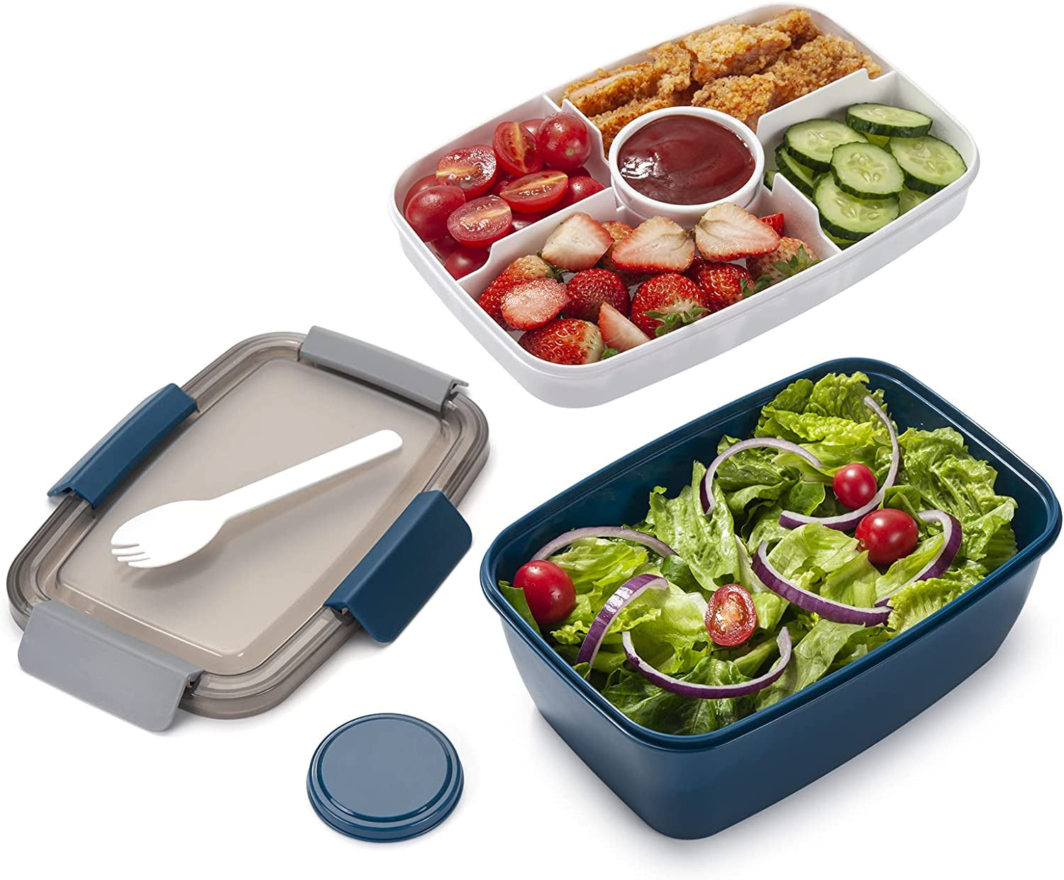 Salad Lunch Container to Go, 52-Oz Salad Bowls with 3 Compartments, Salad Dressings Container for Salad Toppings, Snacks, Men, Women (Blue)