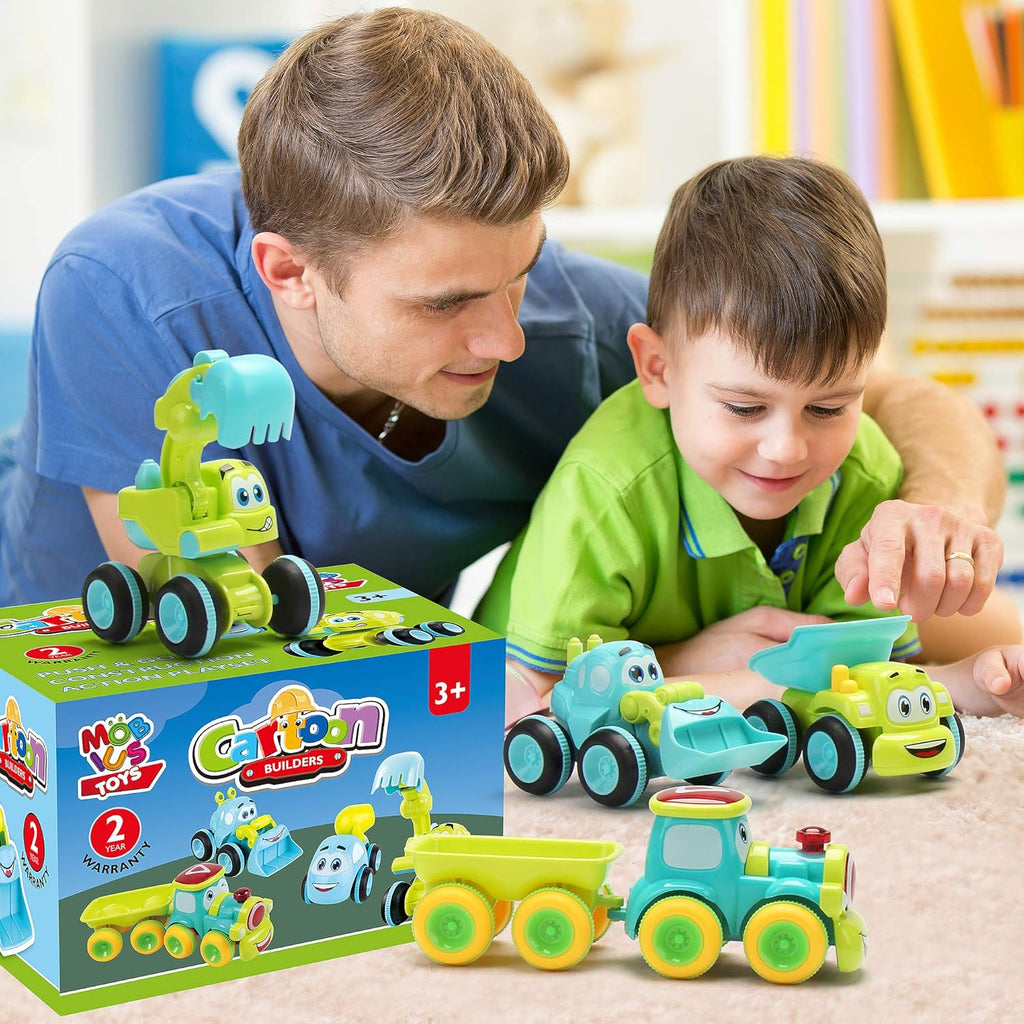 Toys for a 2 Year Old Boy - 4 Friction Powered Trucks for 3+ Year Old Boys, Push & Go Cars Cartoon Construction Vehicle Set - Best Toddler Boys Toys & Toy Trucks, Play Pull Back Car, Idea
