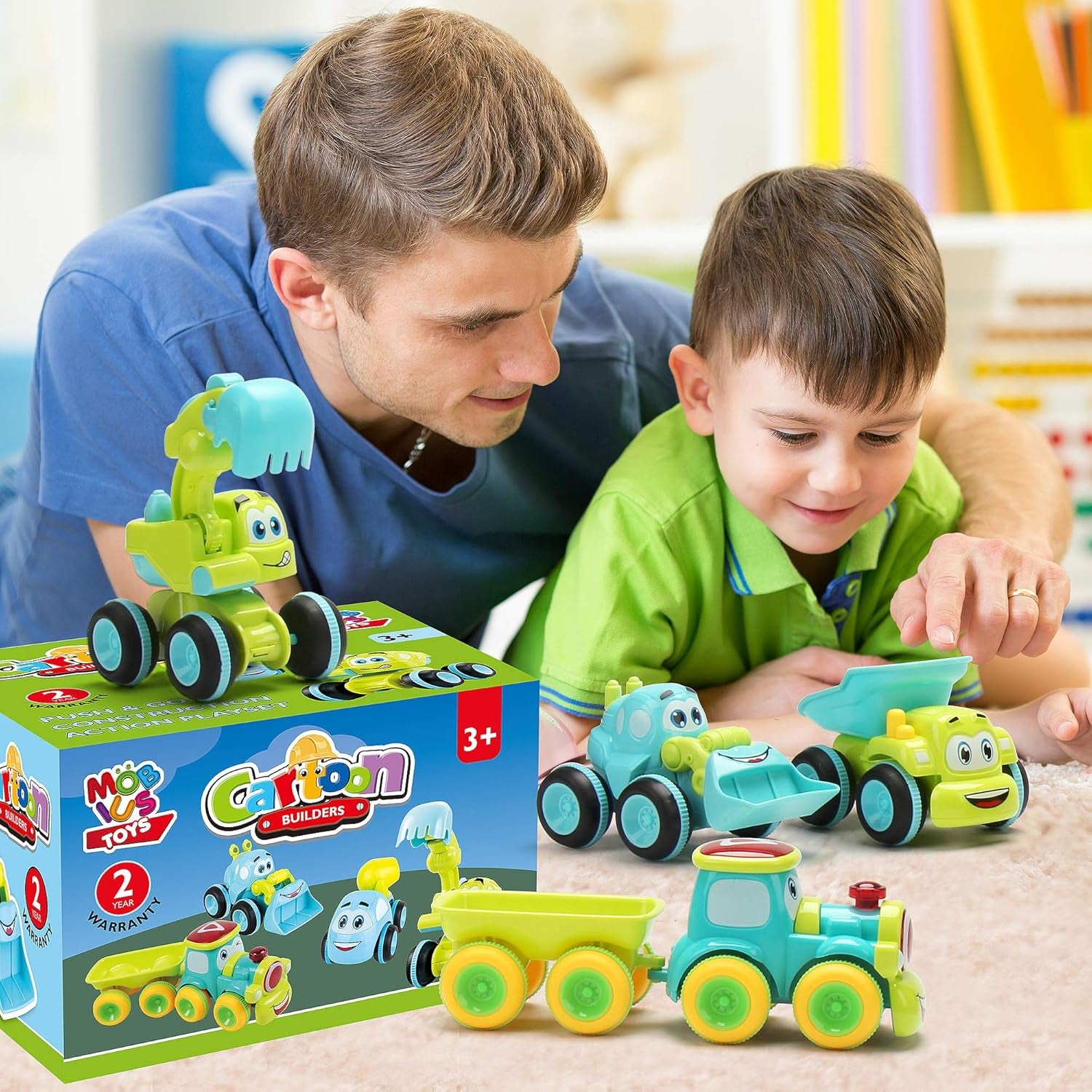 Toys for a 2 Year Old Boy - 4 Friction Powered Trucks for 3+ Year Old Boys, Push & Go Cars Cartoon Construction Vehicle Set - Best Toddler Boys Toys & Toy Trucks, Play Pull Back Car, Idea