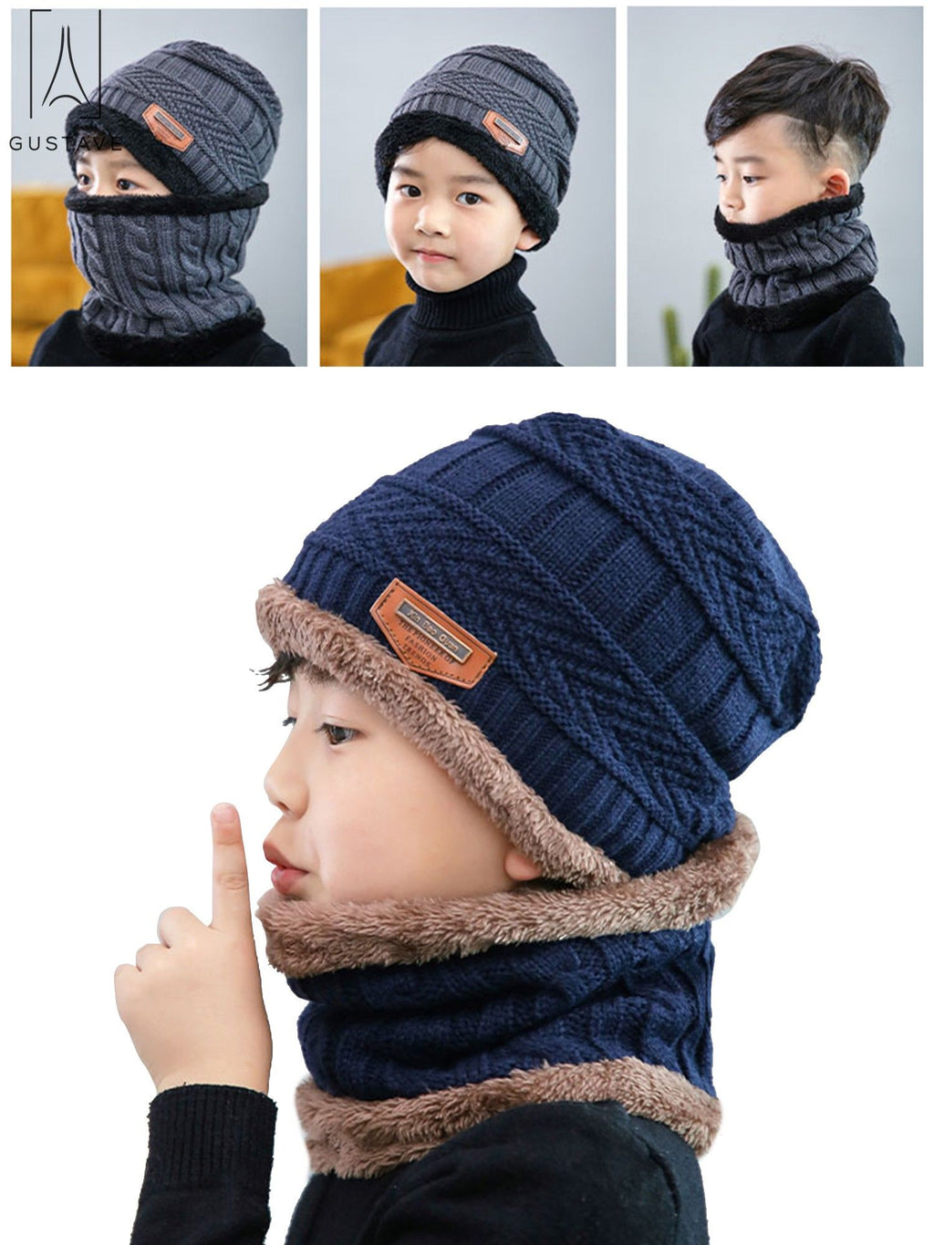 design 2 Pieces Kids Winter Warm Knitted Hat and Scarf, Knit Beanie Cap Fleece Lining 