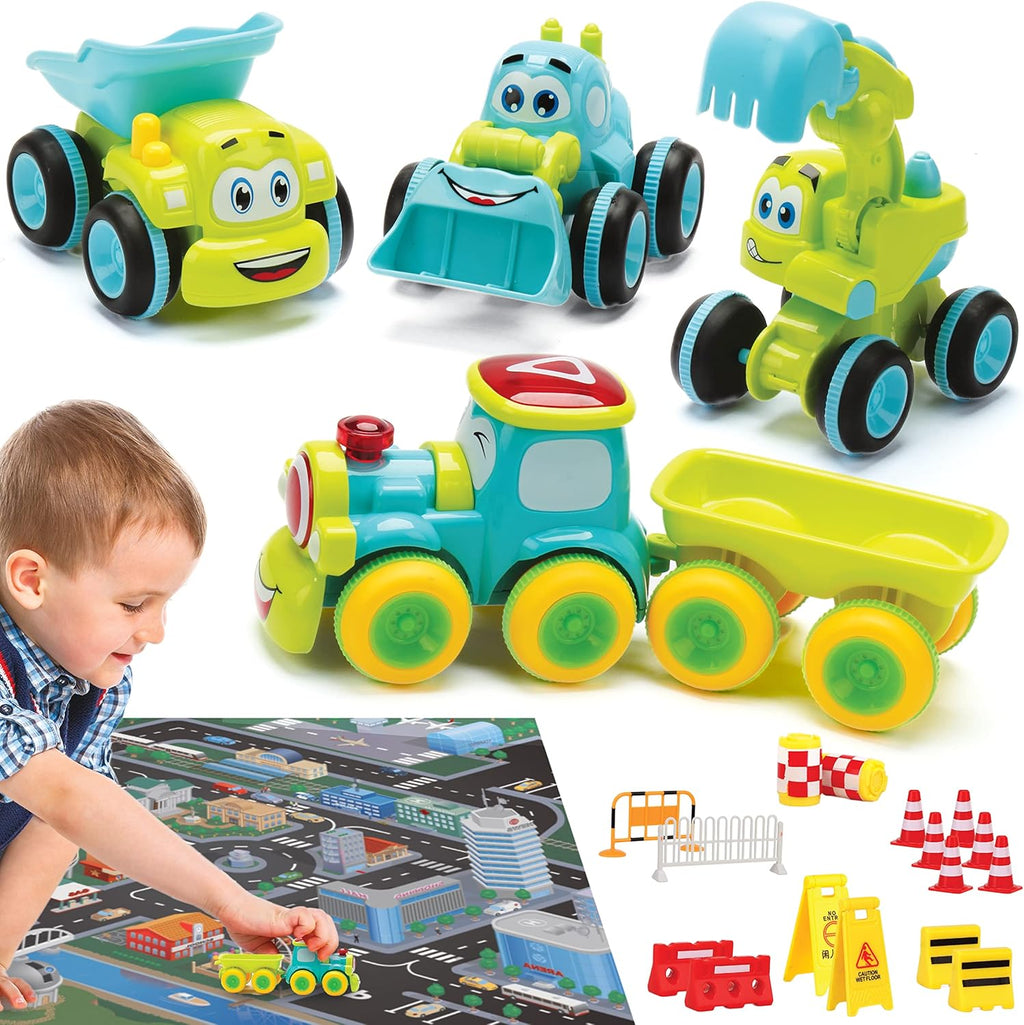 Toys for a 2 Year Old Boy - 4 Friction Powered Trucks for 3+ Year Old Boys, Push & Go Cars Cartoon Construction Vehicle Set - Best Toddler Boys Toys & Toy Trucks, Play Pull Back Car, Idea