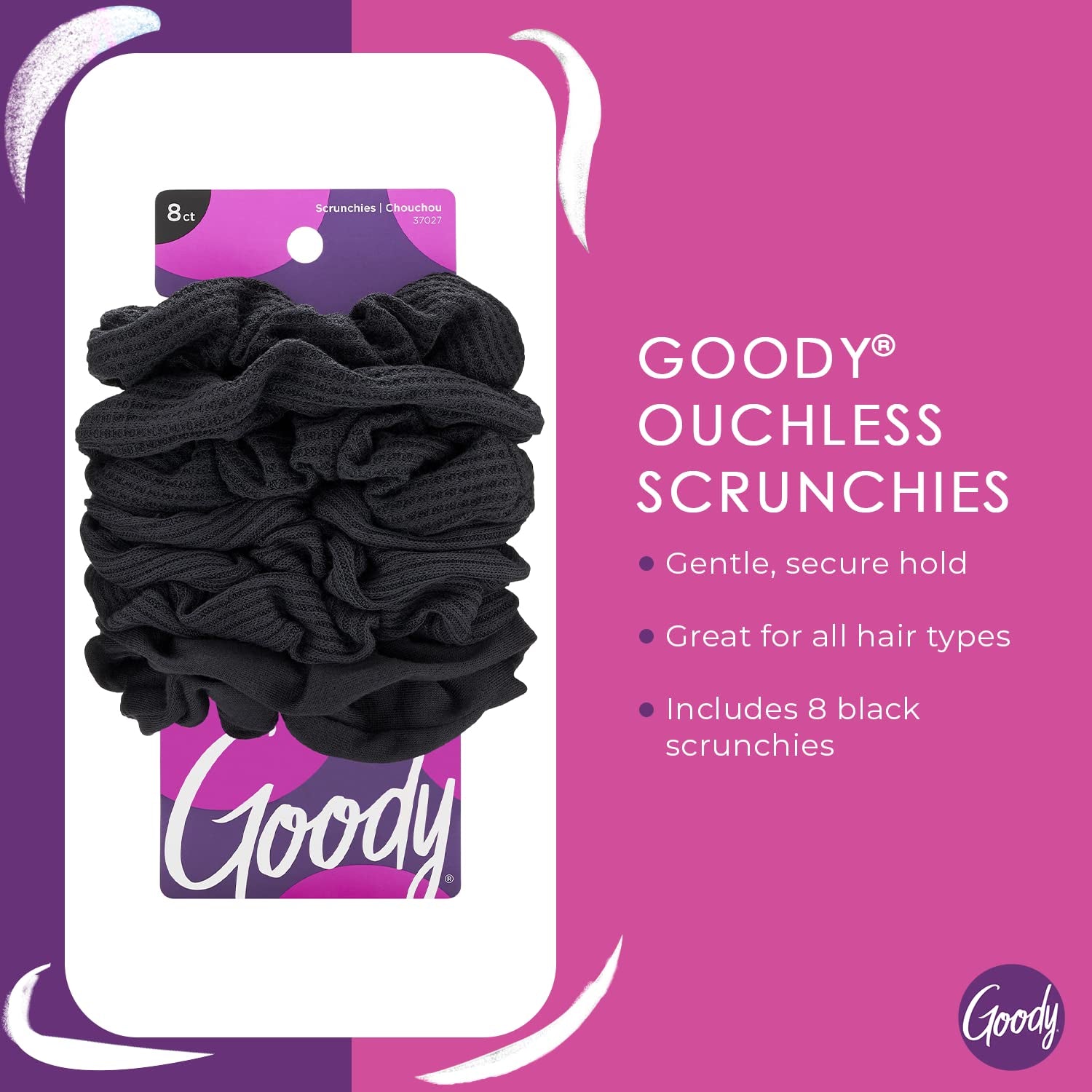 Ouchless Womens Hair Scrunchie - 8 Count, Black - Suitable for All Hair Types - Pain-Free Hair Accessories for Women Perfect for Long Lasting Braids, Ponytails and More