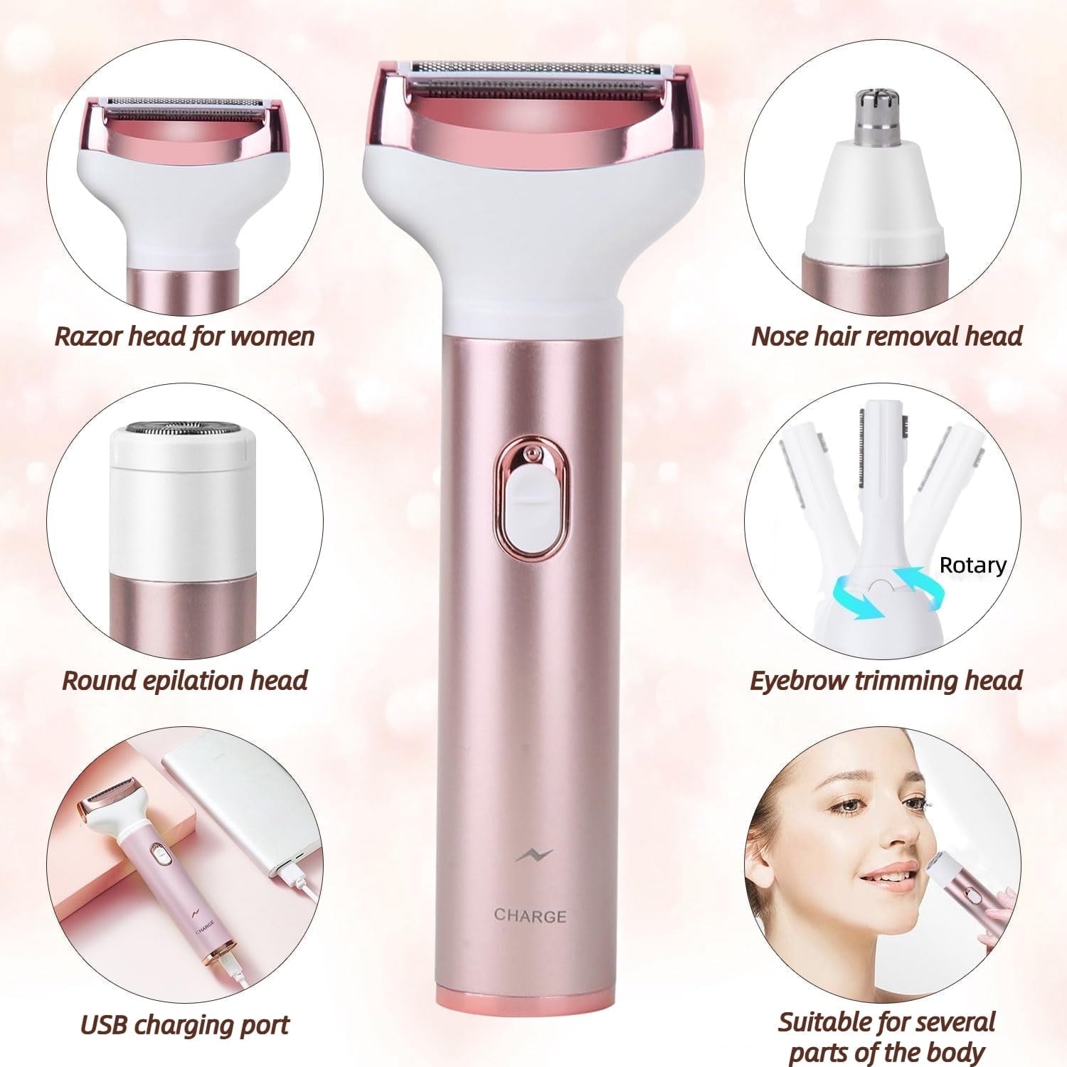4 in 1 Electric Razor for Women Nose Hair Trimmer for Women Cordless Face Shaver Set Facial Hair Removal for Women Painless Body Hair Remover Lady Grooming Kit for Bikini, Eyebrow, Arm, Leg, Nose