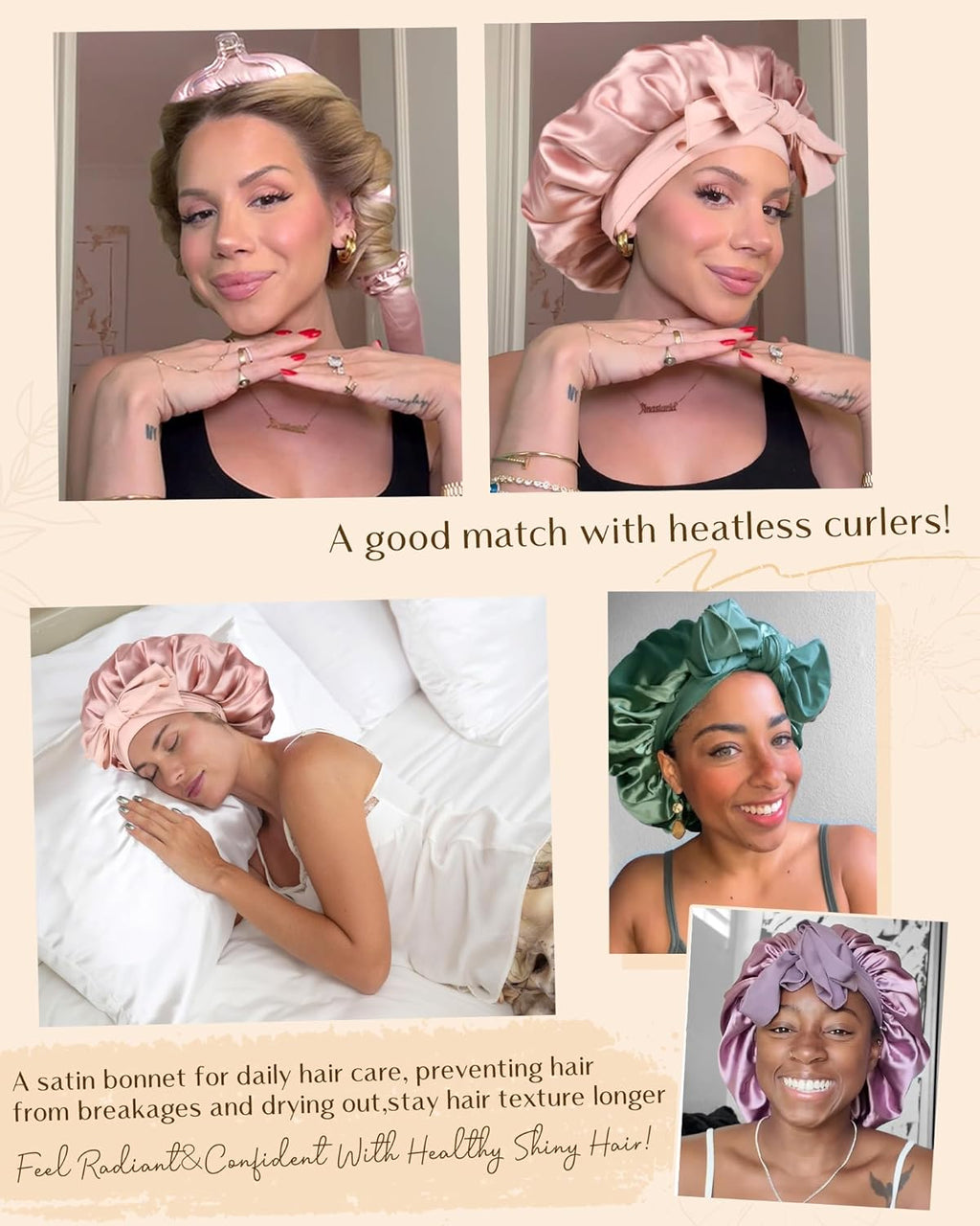 Silk Bonnet for Sleeping Women Satin Bonnet Double Layer Satin Lined Hair Bonnet with Tie Band Curly Hair Blush Pink