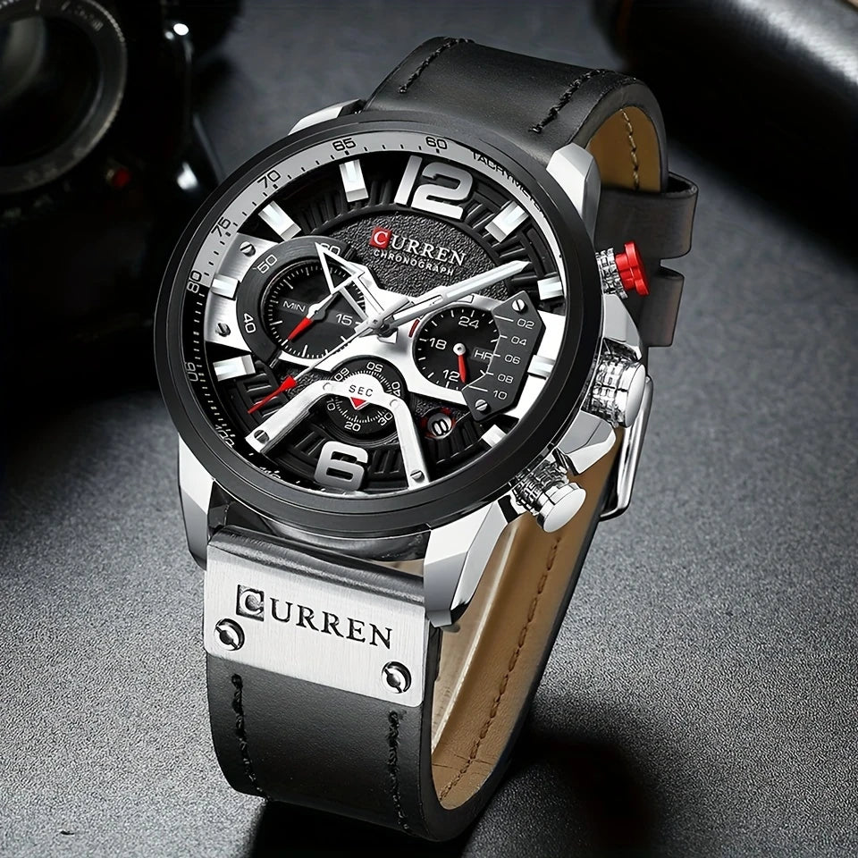 Chronograph Men Watch Casual Sports Fashion Calendar Analog Genuine Leather Wrist Watch
