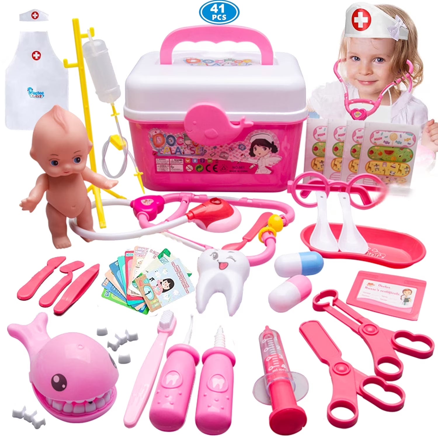 Kids Toy Doctor Kit for Girls 3-6 Years Boys, 41PCS Pink Toy Stethoscope & Braces Medical Kit Preschool Pretend Play Dentist Set Gift to Toddler Birthday Christmas Present