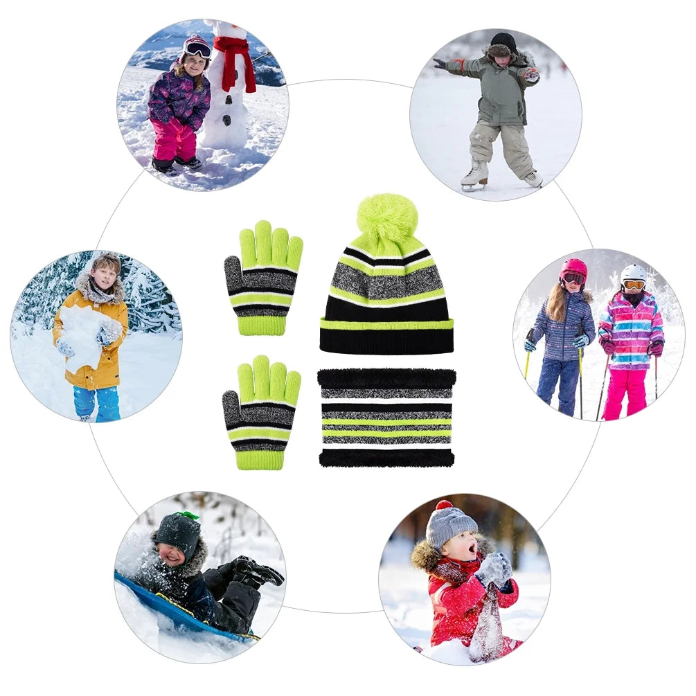 3 Pcs Kids Hat Scarf Gloves Set Warm Knitted Winter Set with Fleece Lining for 3-6 Years Old Girls and Boys, Green