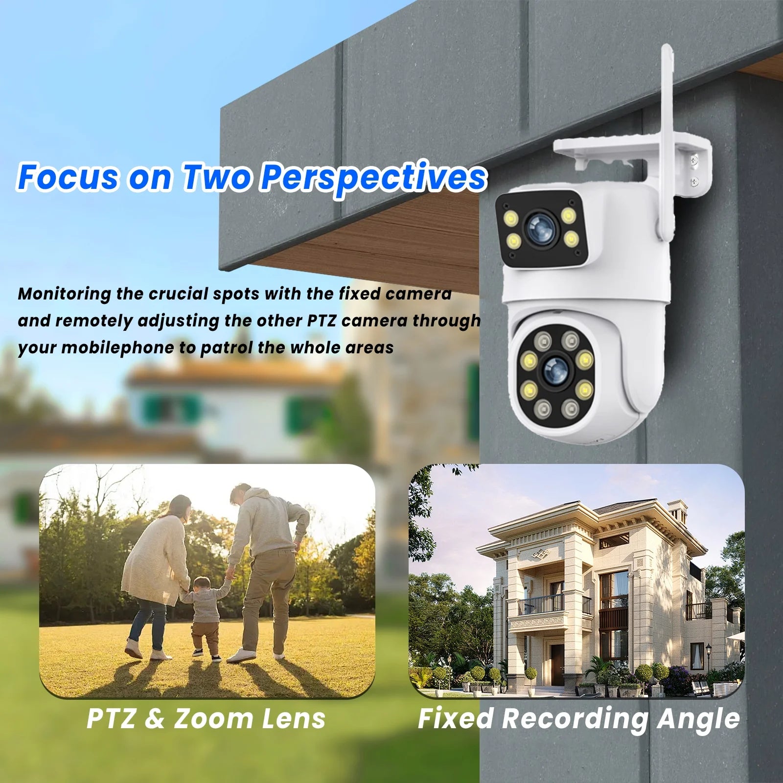 4K Dual Lens Outdoor Security Camera, Wifi PTZ outside Cameras for Home Security with Auto Tracking, Human Detection, IP66, Color Night Vision, 24/7 Record,Two-Way Audio, Dual-Screen Display
