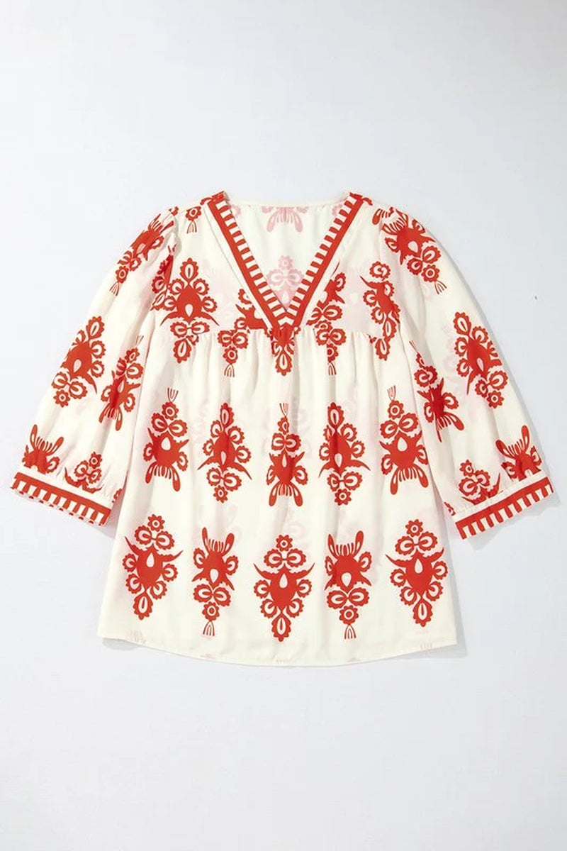 Women Geometric Printed 3/4 Sleeve V Neck Blouse