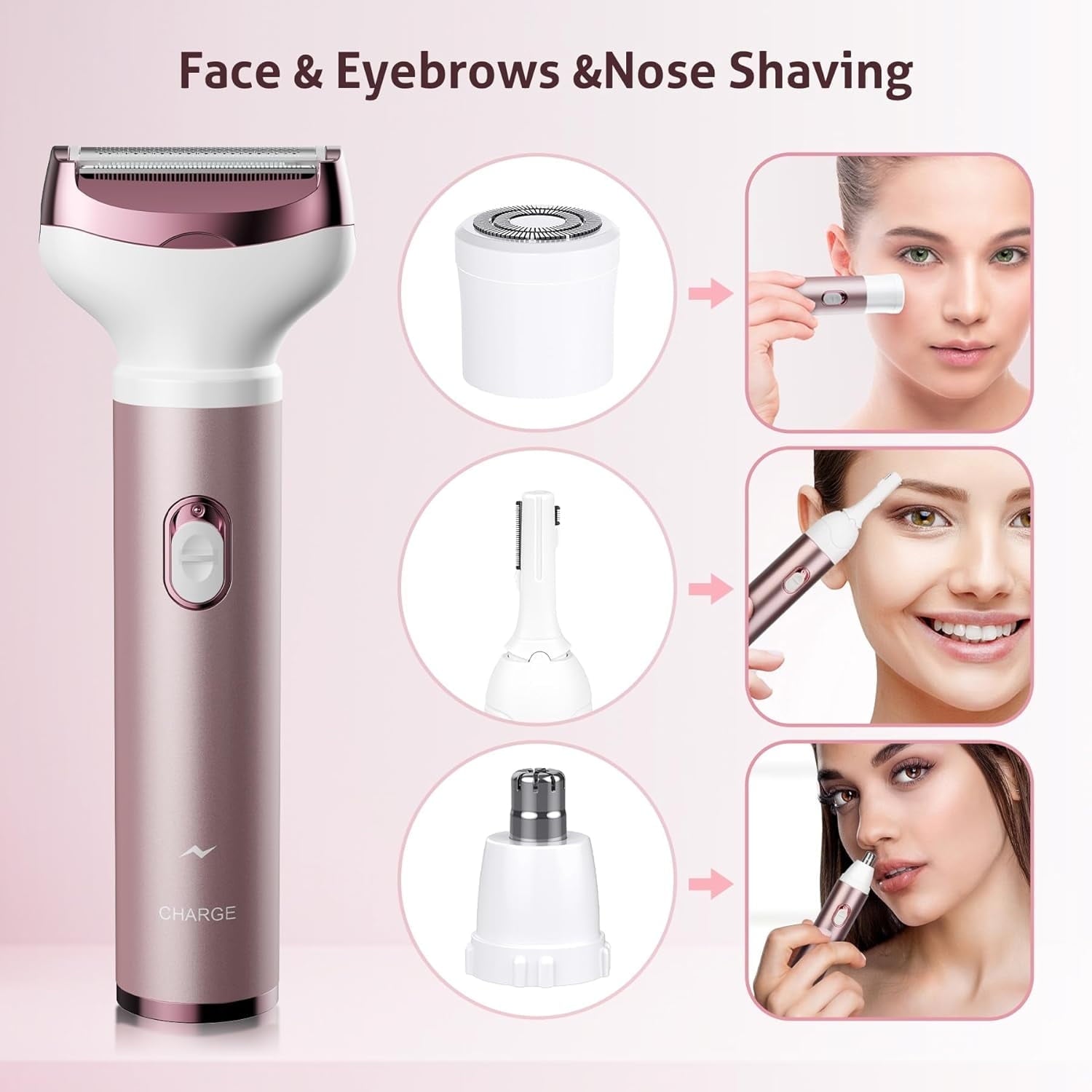 4 in 1 Electric Razor for Women Nose Hair Trimmer for Women Cordless Face Shaver Set Facial Hair Removal for Women Painless Body Hair Remover Lady Grooming Kit for Bikini, Eyebrow, Arm, Leg, Nose