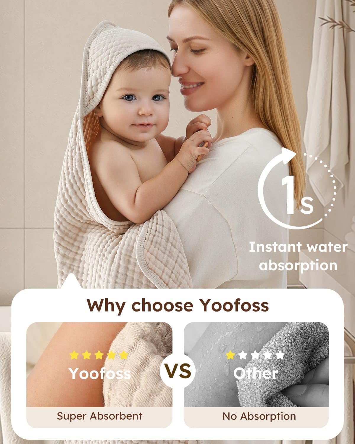 Hooded Baby Towels for Newborn 2 Pack 100% Muslin Organic Cotton Baby Bath Towel with Hood for Babies, Infant, Toddler and Kids, 32X32Inch, Soft and Absorbent Newborn Essential, Beige&Coffee