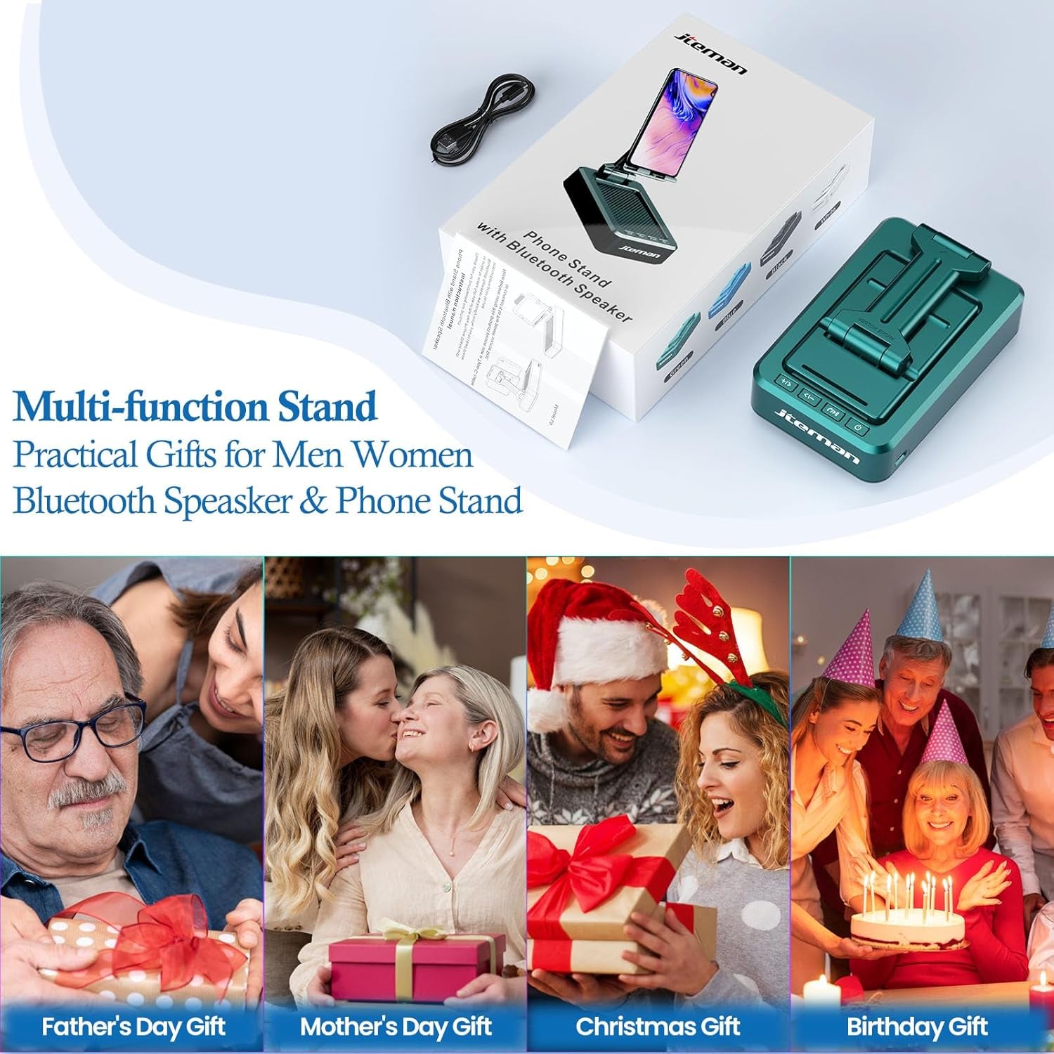 Cell Phone Stand with Wireless Bluetooth Speakers,Angle Adjustable Strong Pedestal Phone Stand for Desk,Hd Sound and Bass Bluetooth Speaker Compatible with All Mobile Phones(Green)