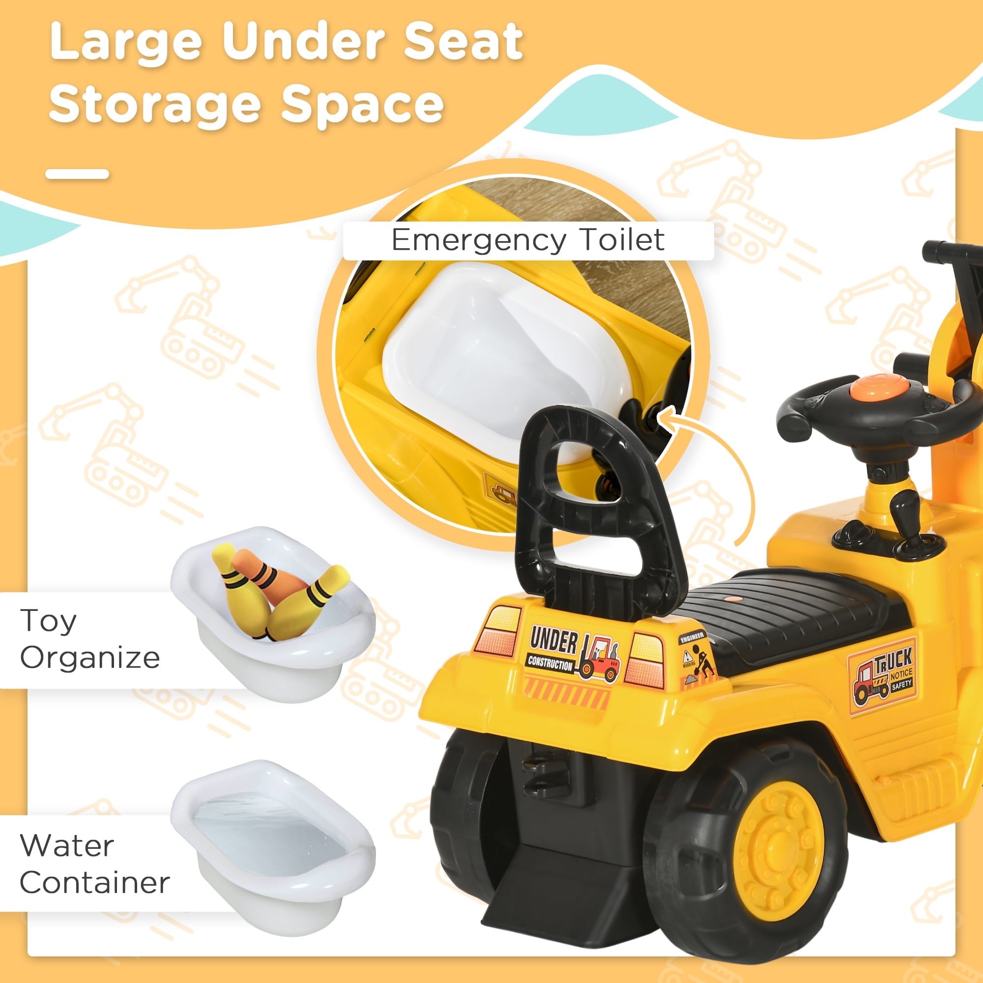 NO Power 3 in 1 Ride on Toy Excavator Digger Scooter Pulling Cart Pretend Play Construction Truck