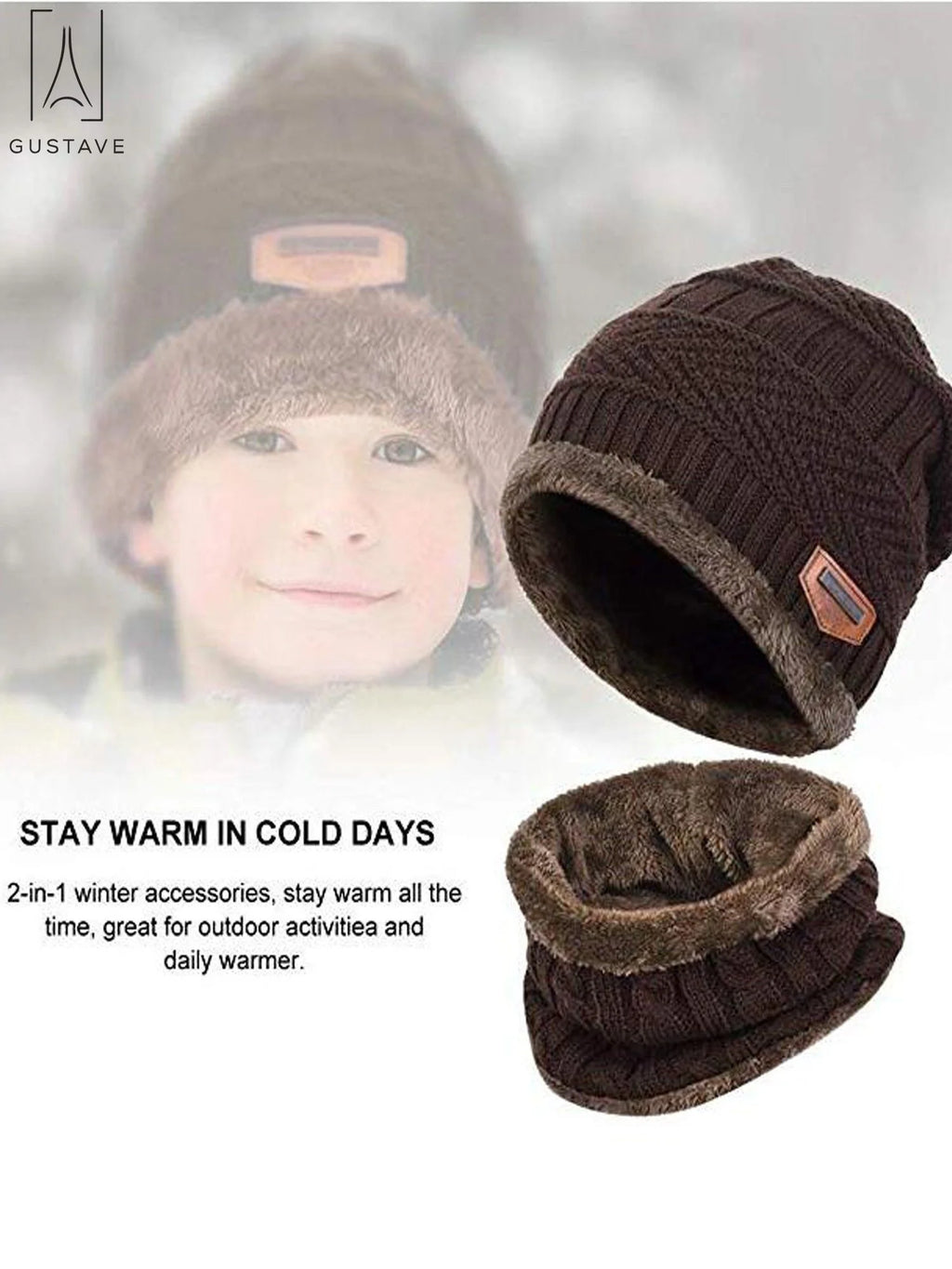 design 2 Pieces Kids Winter Warm Knitted Hat and Scarf, Knit Beanie Cap Fleece Lining 