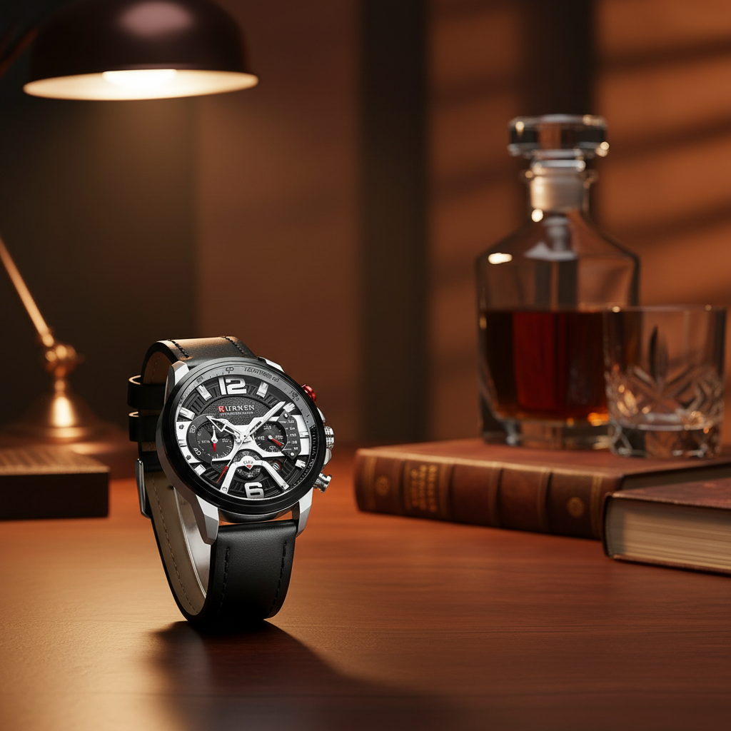 Chronograph Men Watch Casual Sports Fashion Calendar Analog Genuine Leather Wrist Watch