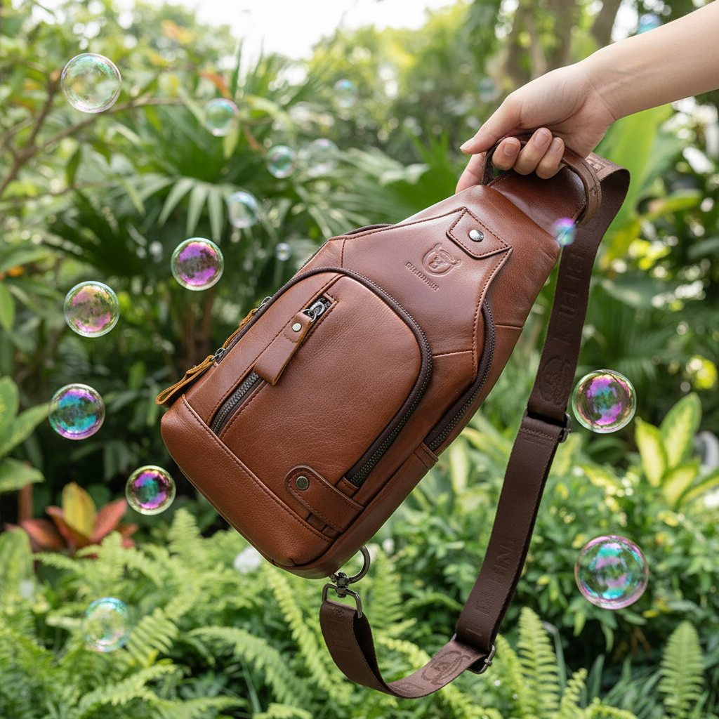 New 100% Cowhide Leather Casual Fashion Crossbody Chest Bag Men's Leather Bag USB Charging