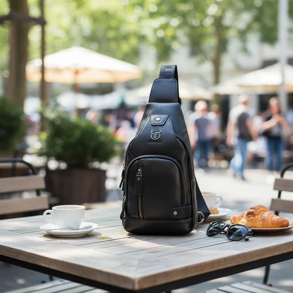 New 100% Cowhide Leather Casual Fashion Crossbody Chest Bag Men's Leather Bag USB Charging