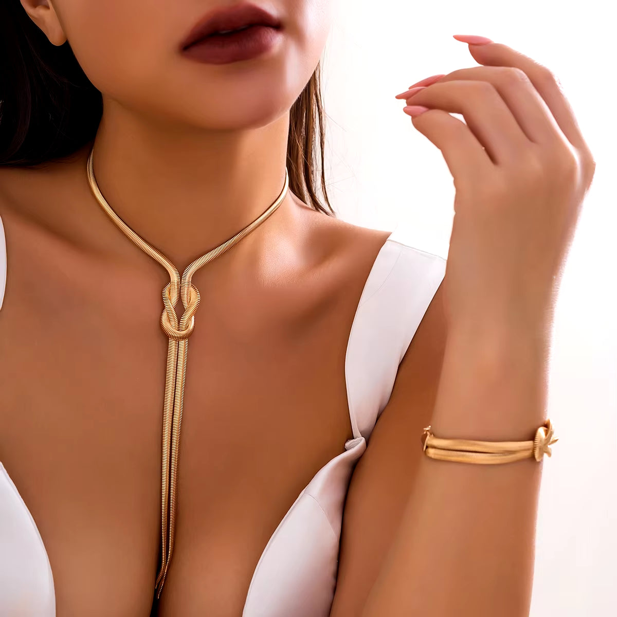 2Pcs/Set Sexy Smooth Long Snake Twisted Chain Necklace Bracelet for Women 