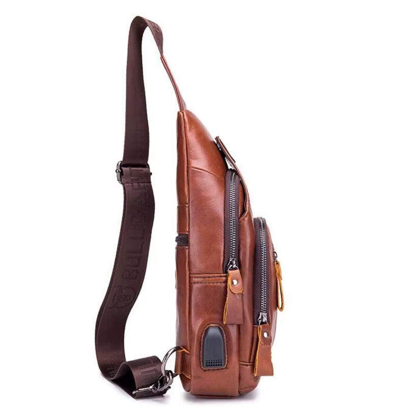  New 100% Cowhide Leather Casual Fashion Crossbody Chest Bag Men's Leather Bag USB Charging 