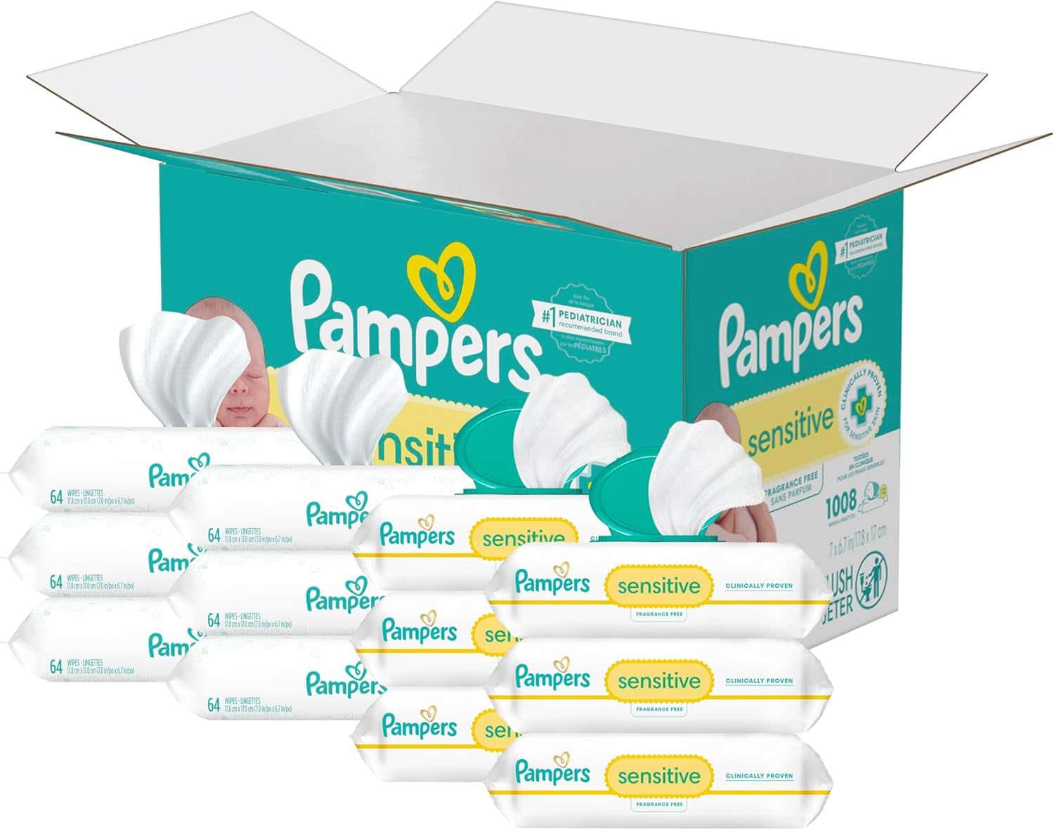 Sensitive Baby Wipes, Water Based, Hypoallergenic and Unscented, 8 Flip-Top Packs, 4 Refill Packs (1008 Wipes Total)