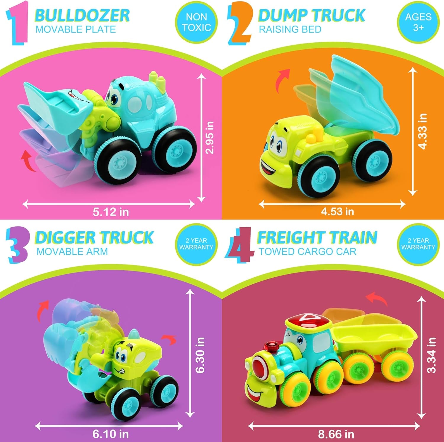 Toys for a 2 Year Old Boy - 4 Friction Powered Trucks for 3+ Year Old Boys, Push & Go Cars Cartoon Construction Vehicle Set - Best Toddler Boys Toys & Toy Trucks, Play Pull Back Car, Idea
