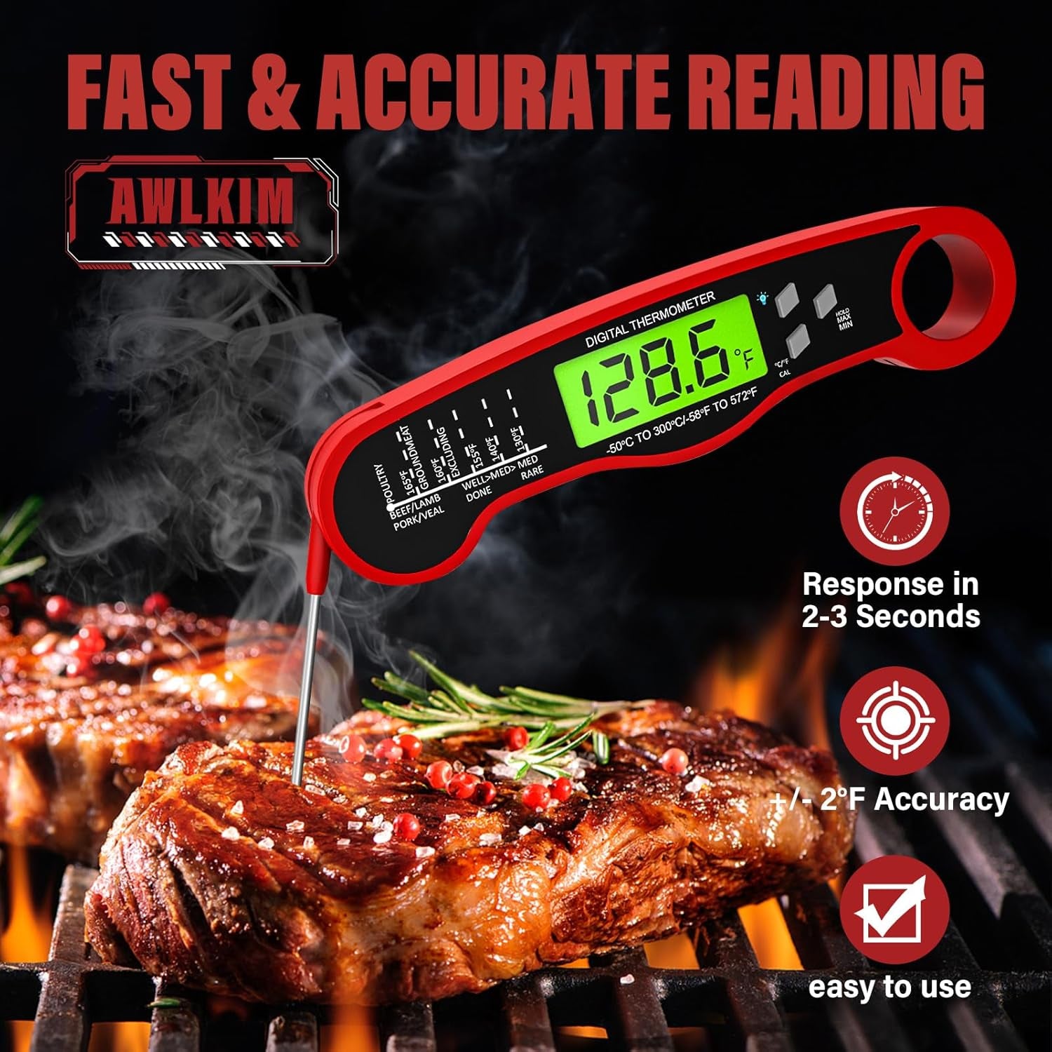 ® Meat Thermometer Digital - Instant Read Waterproof Food Thermometer with Backlight for Cooking, Grill, Candy, Kitchen & Stocking Stuffers for Men - Red
