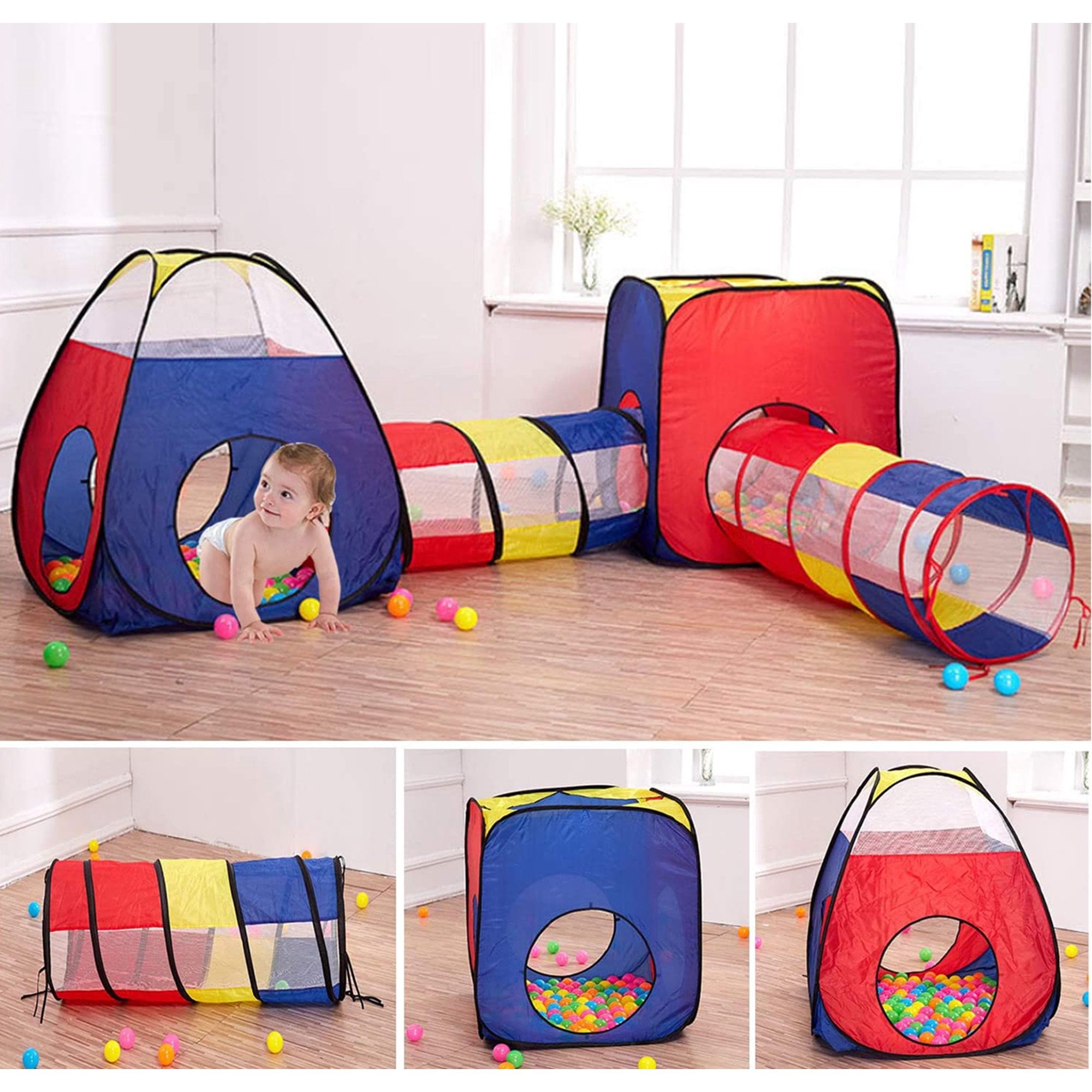 4 in 1 Kids Play Tent, Pop up Play Tent with Play Tunnels and Ball Pit, Collapsible Children Play Tent Toy for Boys & Girls, Indoor & Outdoor Playhouse, Ideal Gift for Children