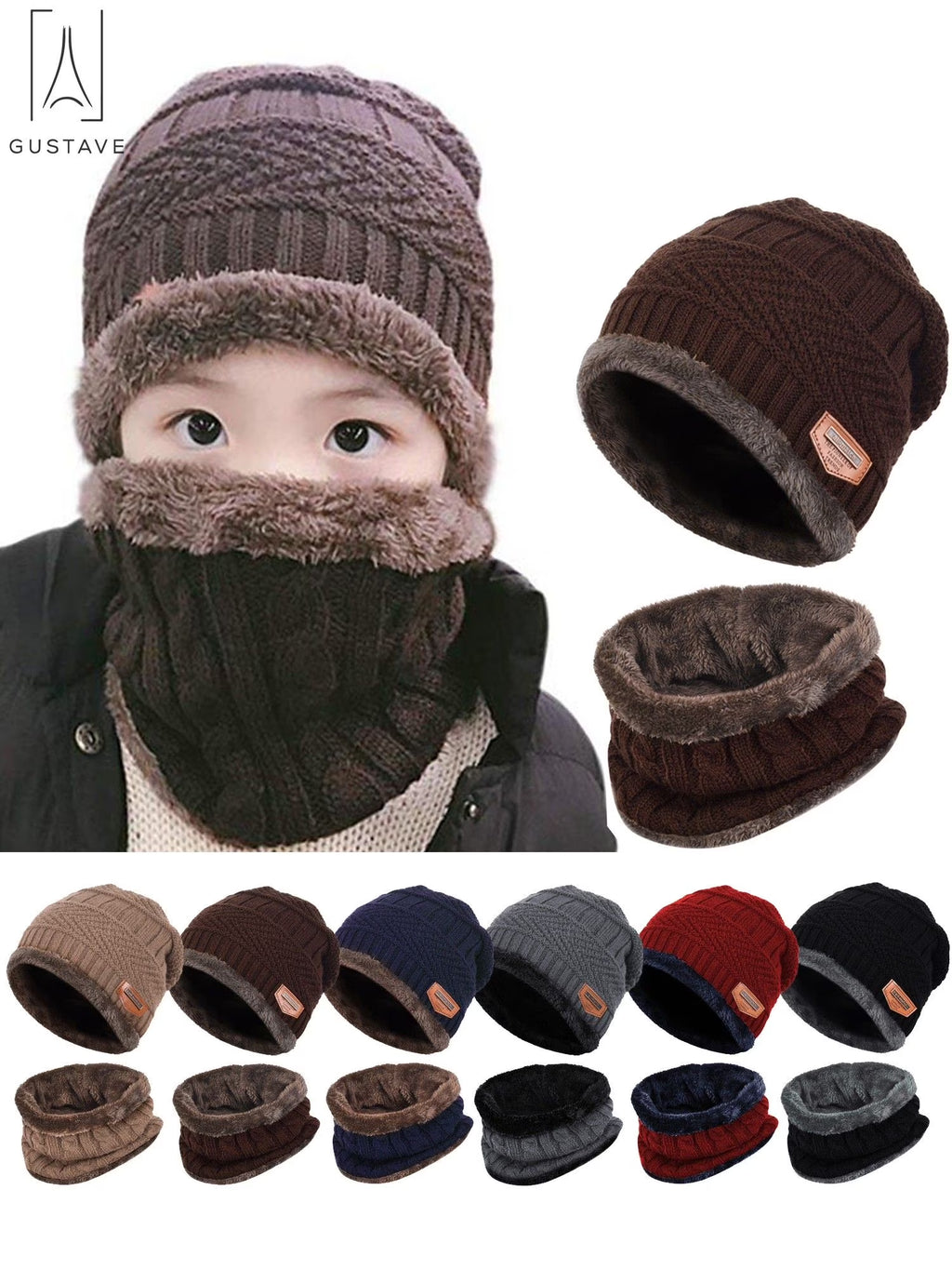 design 2 Pieces Kids Winter Warm Knitted Hat and Scarf, Knit Beanie Cap Fleece Lining 