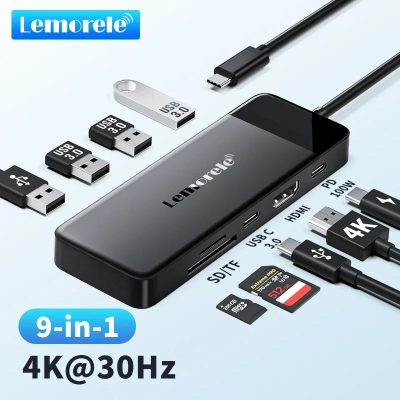 Lemorele 9 Ports TC92 USB C Hub Type C Docking Station Adapter 4K 30Hz HDMI 100W PD with SD/TF Card Slot for Macbook Laptop
