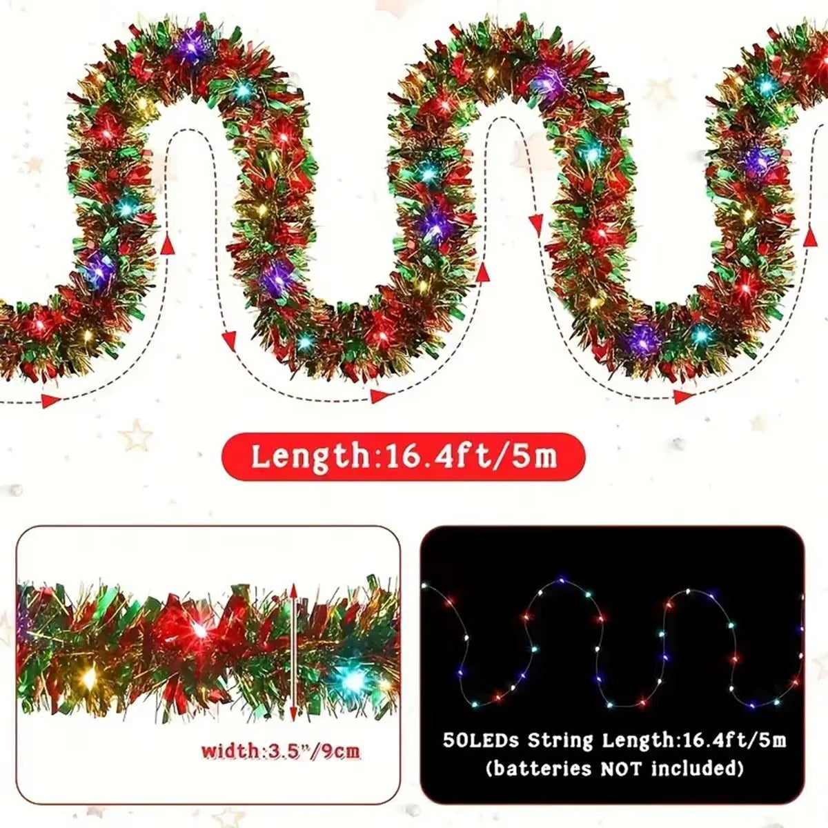 1Pc Christmas Tinsel Garland Metallic Shiny Garland with LED Lights Christmas Tree Garland Thick Hanging Suitable for Home Decor