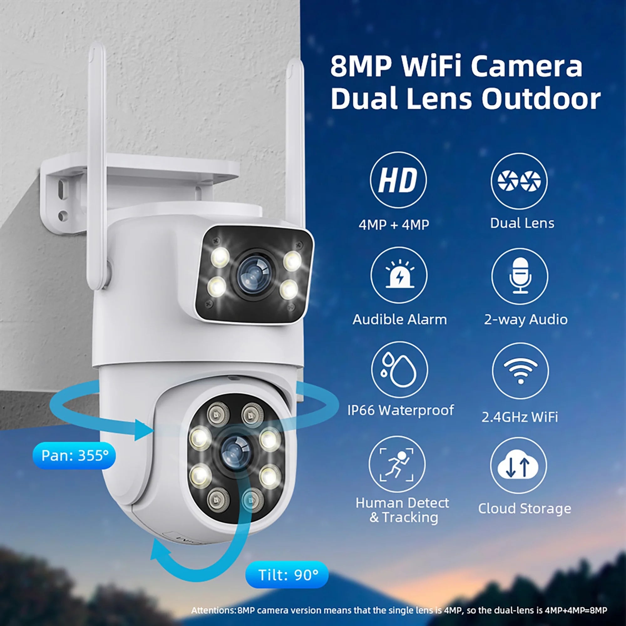 4K Dual Lens Outdoor Security Camera, Wifi PTZ outside Cameras for Home Security with Auto Tracking, Human Detection, IP66, Color Night Vision, 24/7 Record,Two-Way Audio, Dual-Screen Display