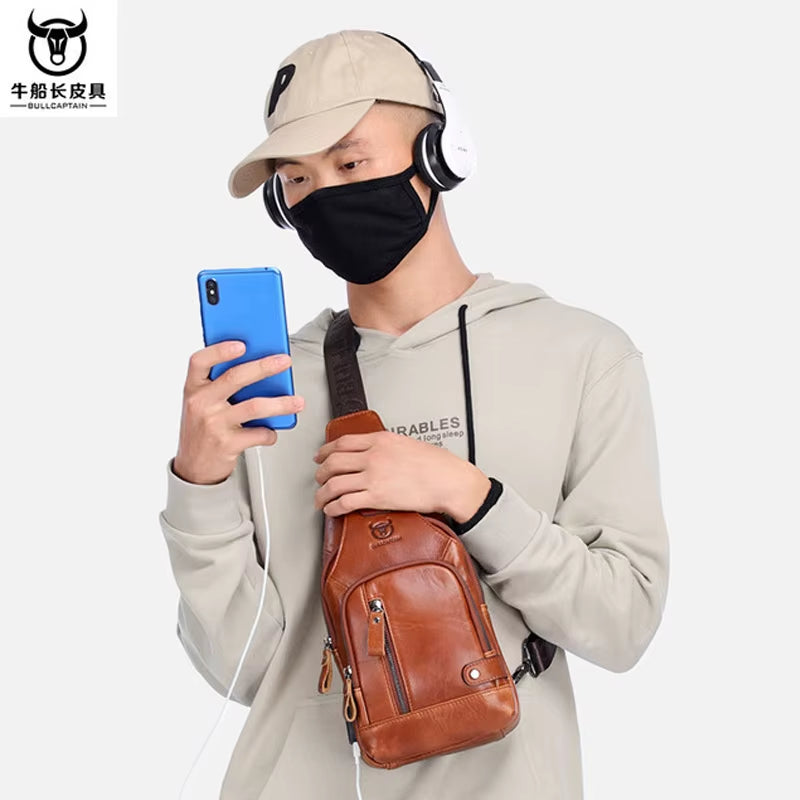  New 100% Cowhide Leather Casual Fashion Crossbody Chest Bag Men's Leather Bag USB Charging 