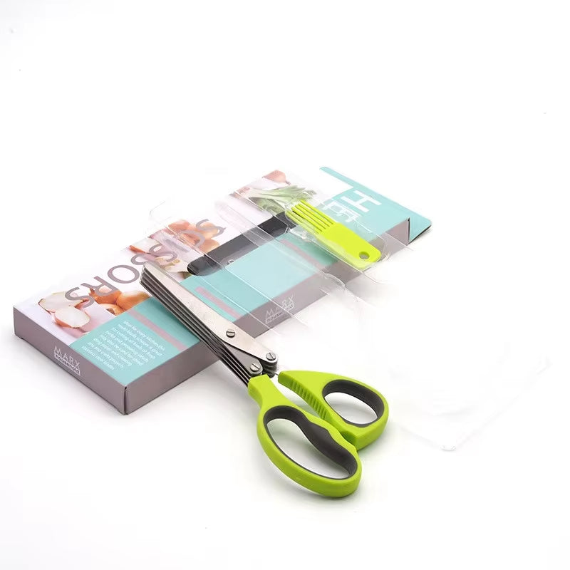 5 Blade Herb Scissors Stainless Steel Onion Herb Scissors with Cleaning Brush Kitchen Scallion Chopper Cutter YY026