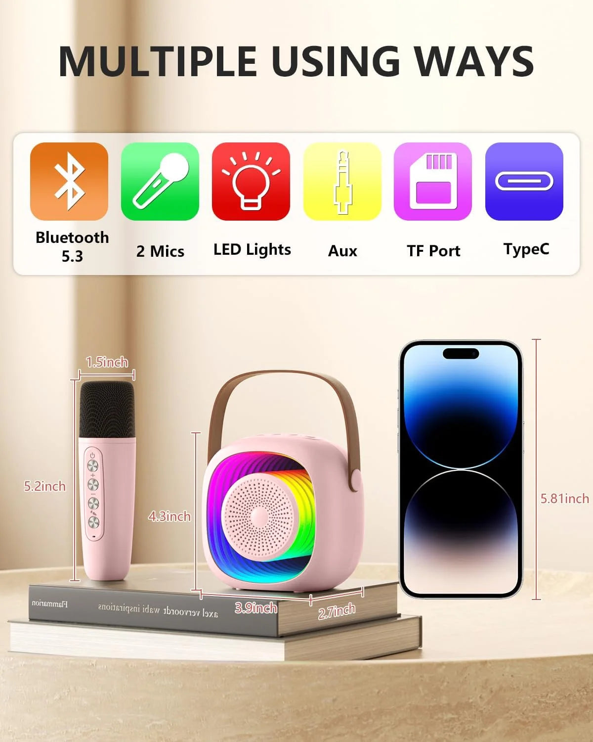 Mini Karaoke Machine for Kids, Toys  for Ages 4-12, Portable Bluetooth Speaker with 2 Wireless Microphones for Singing Party Outdoor Play, Pink