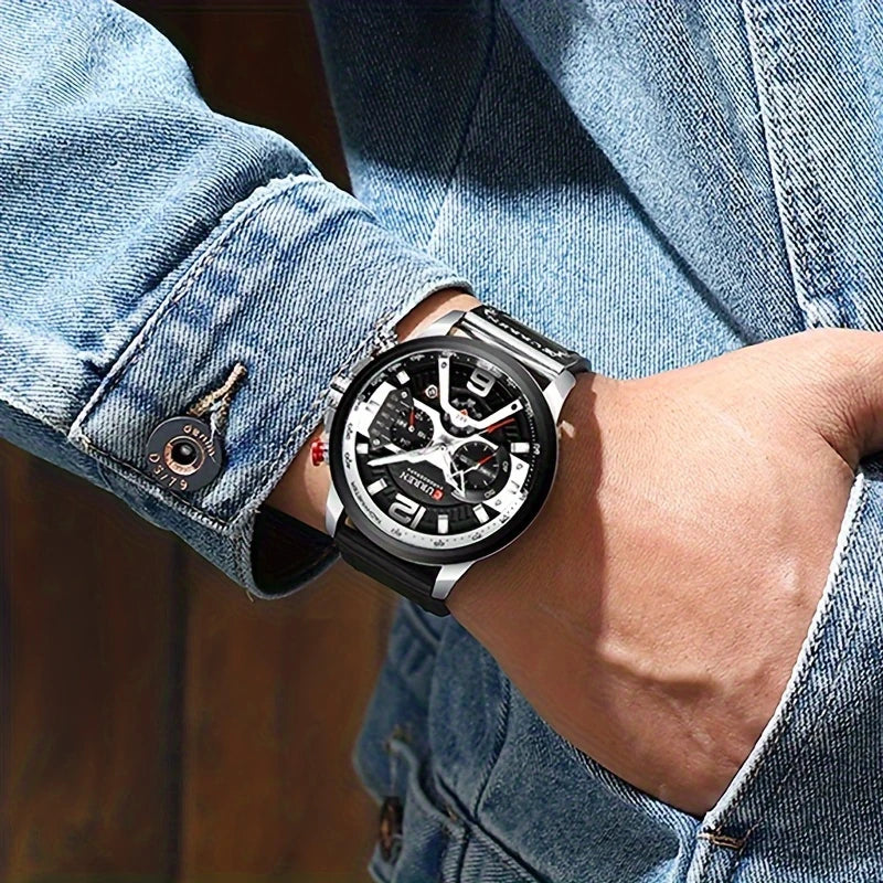 Chronograph Men Watch Casual Sports Fashion Calendar Analog Genuine Leather Wrist Watch